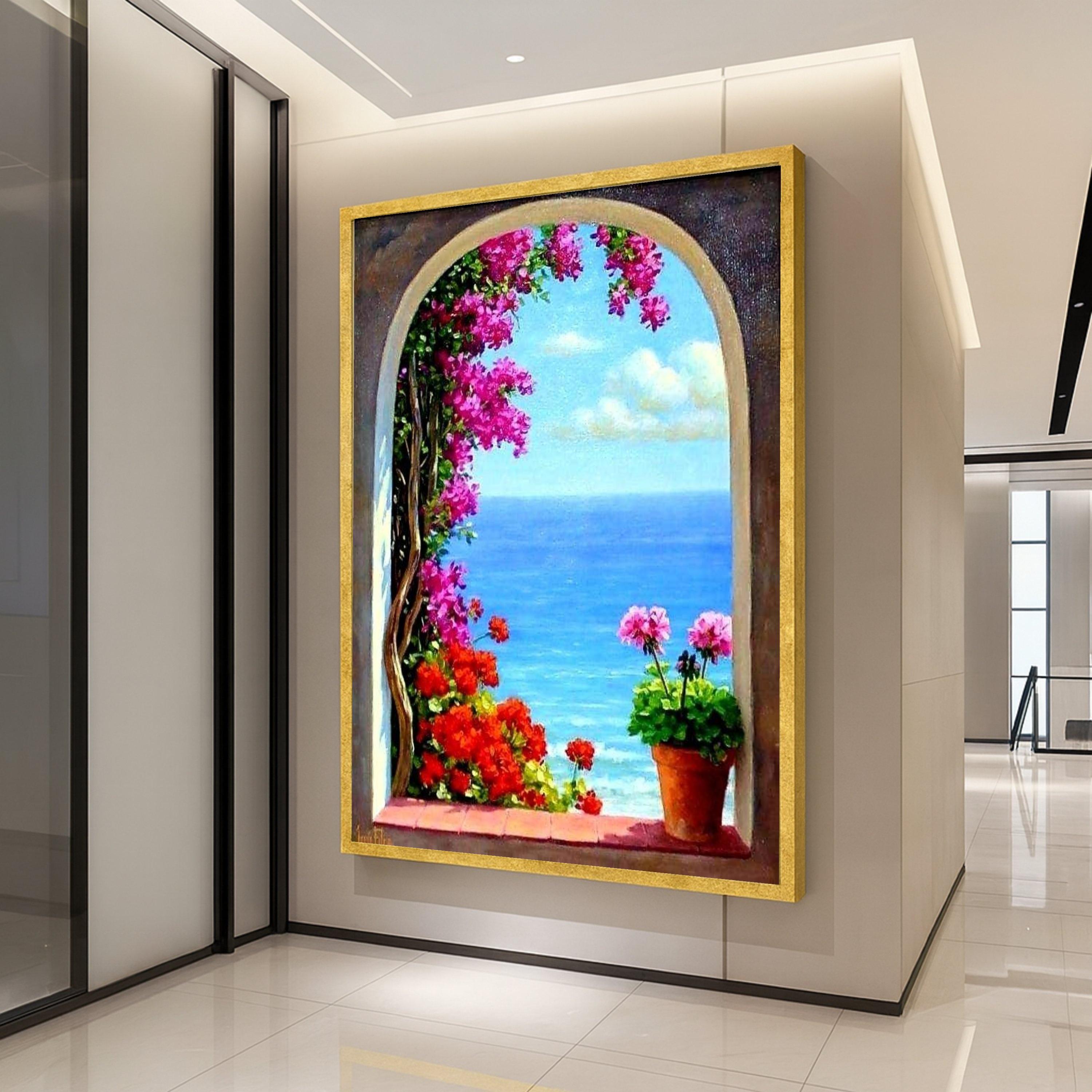 Mediterranean Window Canvas Print – Coastal Ocean View Wall Art – Floral Seaside Wall Decor Ready to Hang