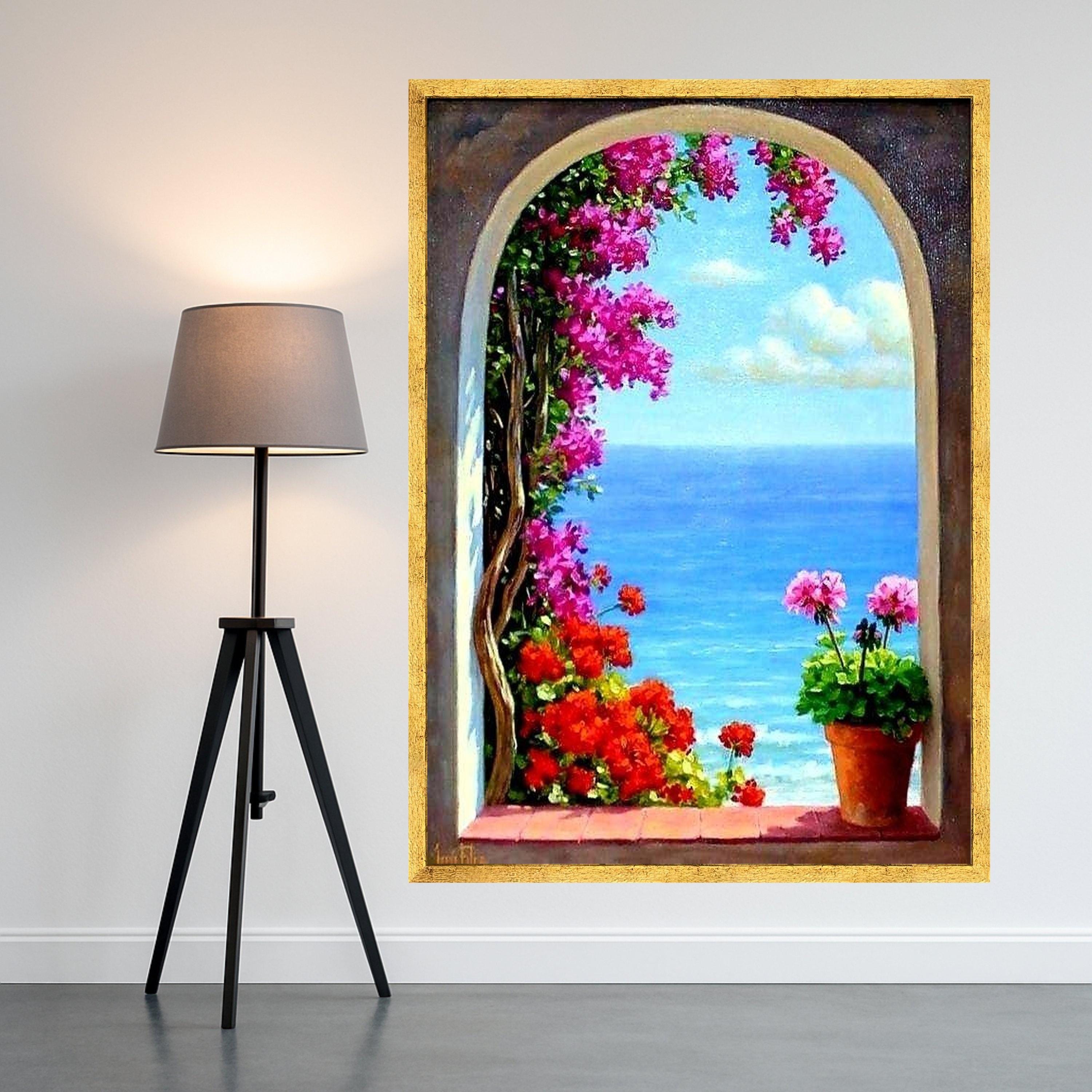 Mediterranean Window Canvas Print – Coastal Ocean View Wall Art – Floral Seaside Wall Decor Ready to Hang