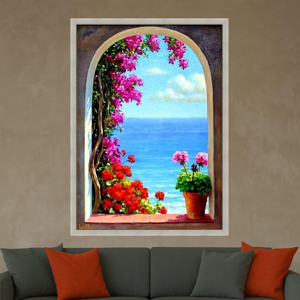 Mediterranean Window Canvas Print – Coastal Ocean View Wall Art – Floral Seaside Wall Decor Ready to Hang