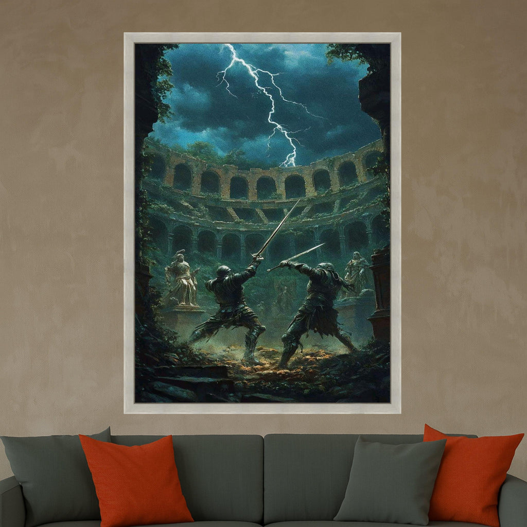 Medieval Sword Fight Canvas, Ancient Arena Battle Scene, Fantasy Warrior Duel Wall Art, Lightning Storm Background, Dark Ready To Hang,