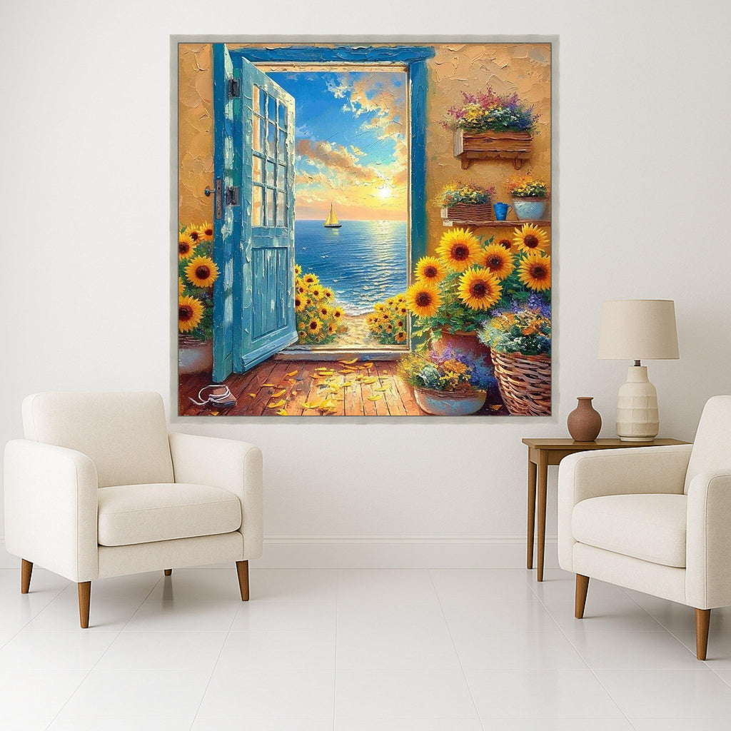 Sunflower Ocean View Canvas Print – Sunset Coastal Wall Art – Romantic Seaside Wall Decor Ready to Hang