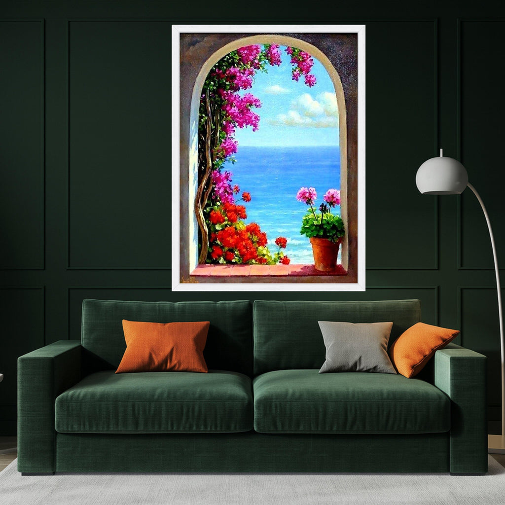 Mediterranean Window Canvas Print – Coastal Ocean View Wall Art – Floral Seaside Wall Decor Ready to Hang