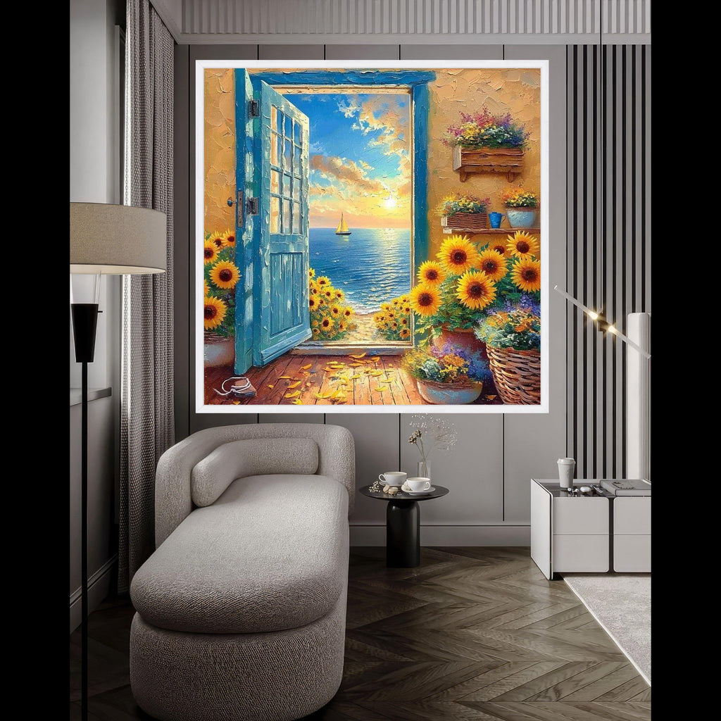 Sunflower Ocean View Canvas Print – Sunset Coastal Wall Art – Romantic Seaside Wall Decor Ready to Hang