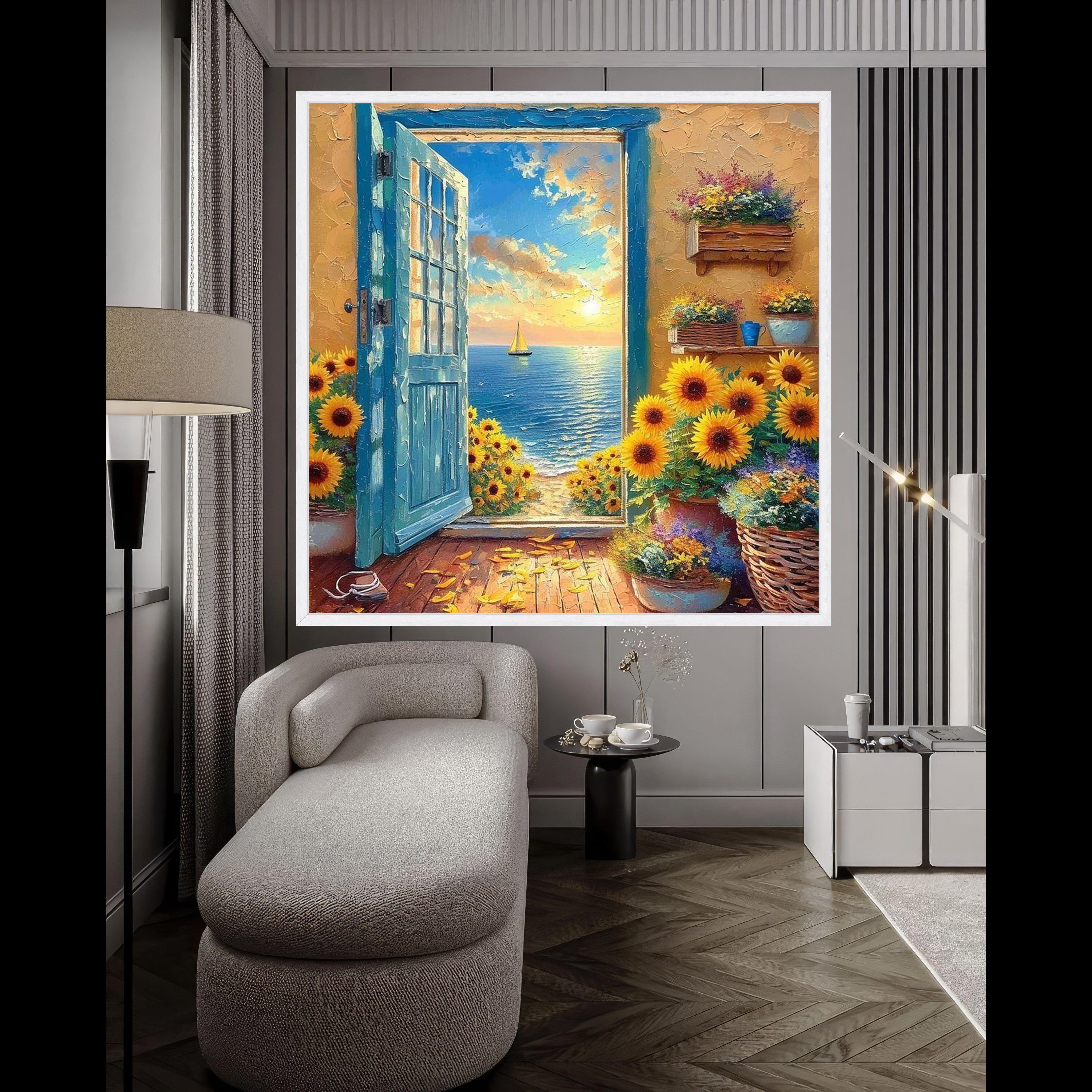 Sunflower Ocean View Canvas Print – Sunset Coastal Wall Art – Romantic Seaside Wall Decor Ready to Hang