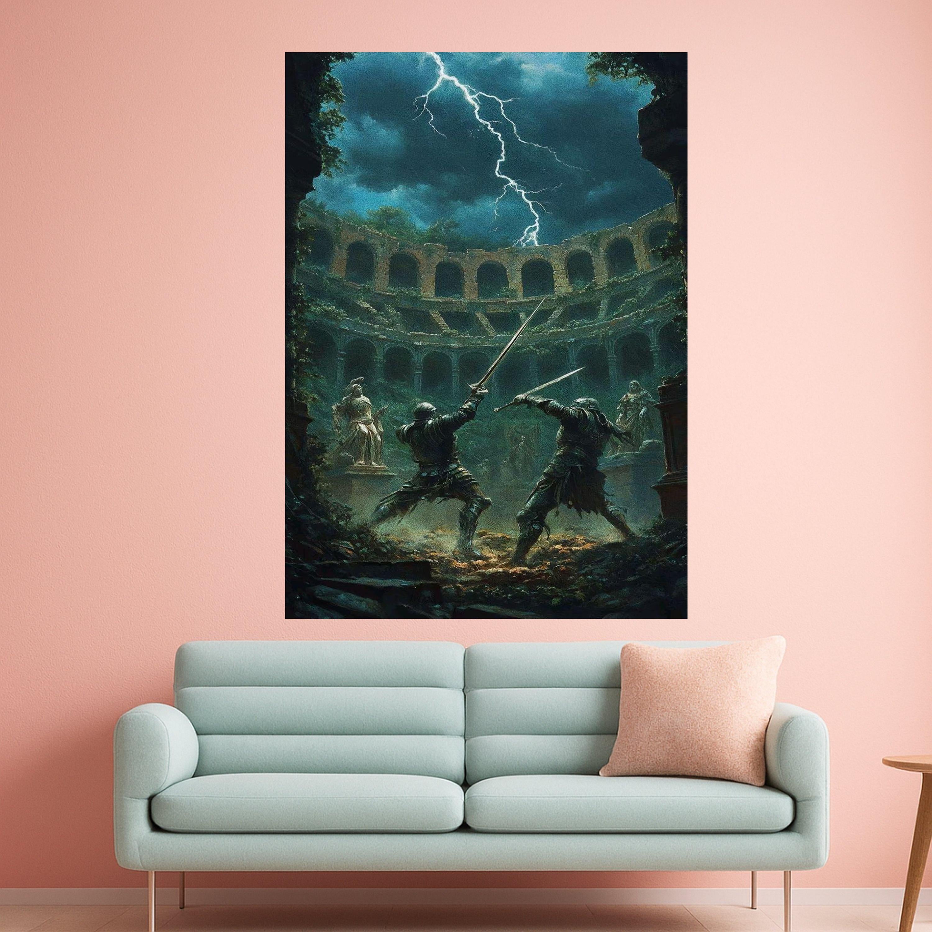 Medieval Sword Fight Canvas, Ancient Arena Battle Scene, Fantasy Warrior Duel Wall Art, Lightning Storm Background, Dark Ready To Hang,