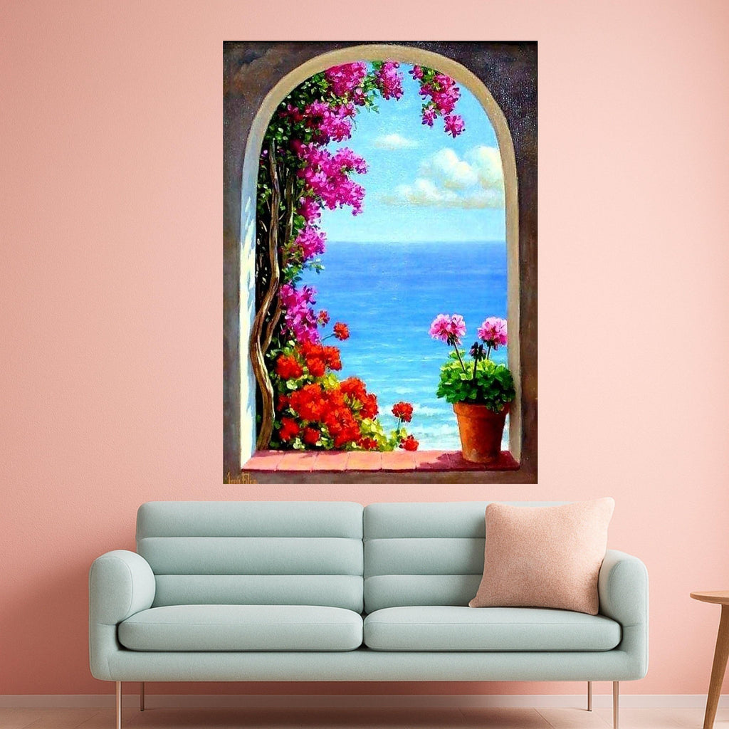 Mediterranean Window Canvas Print – Coastal Ocean View Wall Art – Floral Seaside Wall Decor Ready to Hang