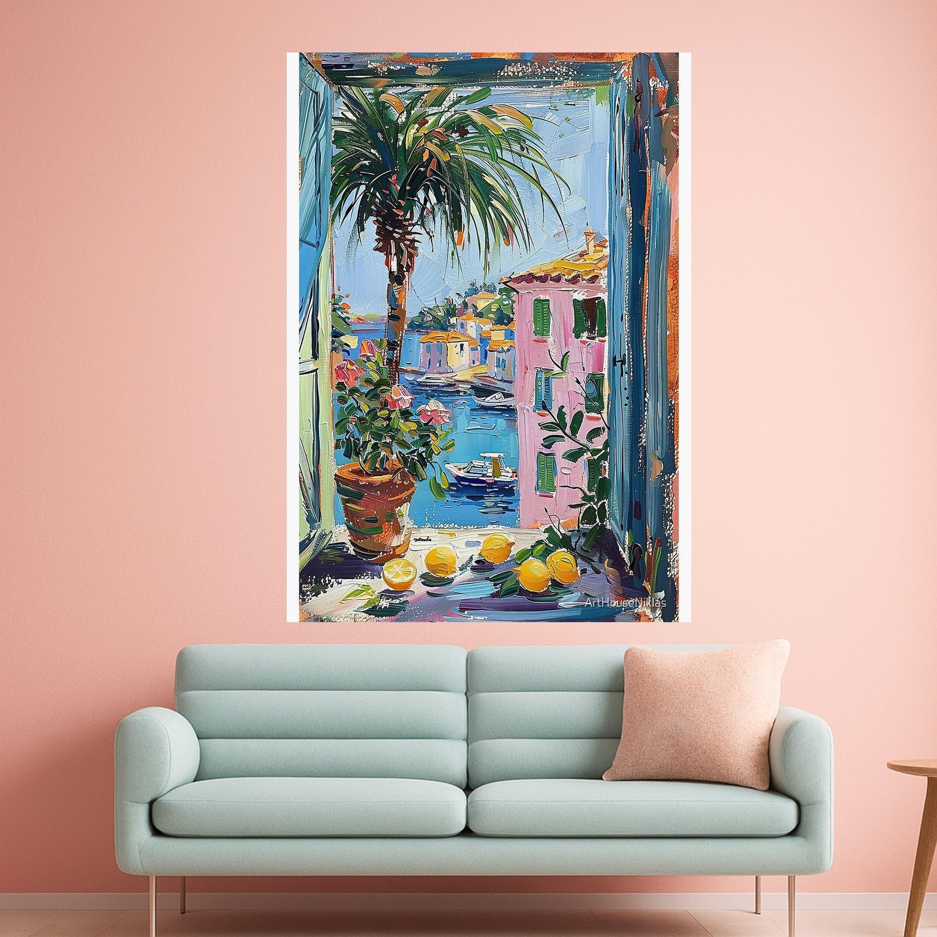 Mediterranean Seaside Canvas Print – Colorful Coastal Wall Art – Tropical Wall Decor Ready to Hang