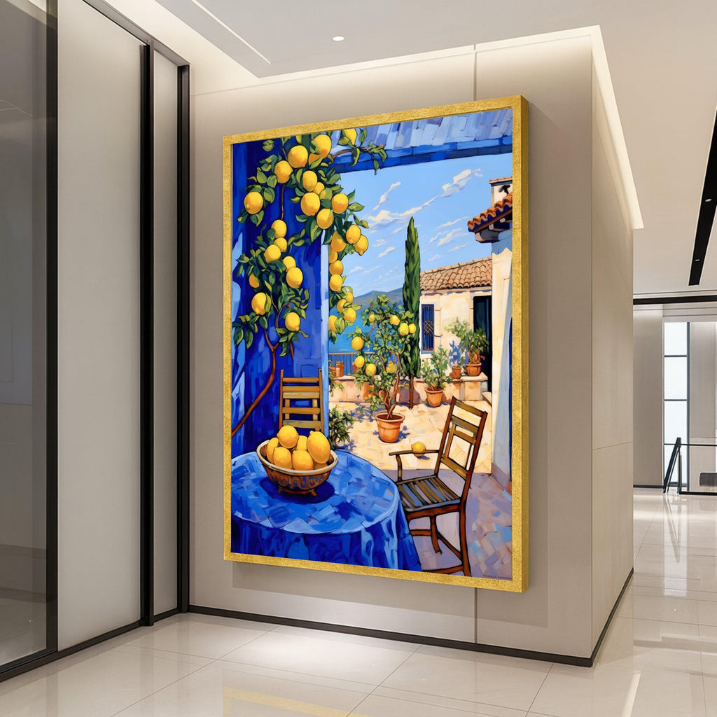 Mediterranean Lemon Tree Canvas, Sunny Patio Wall Art, Blue Tablecloth Outdoor Scene, Vibrant Home Decor, Citrus Fruit Canvas Ready To Hang,
