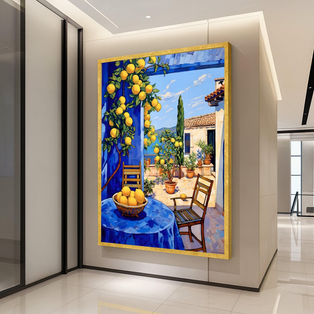 Mediterranean Lemon Tree Canvas, Sunny Patio Wall Art, Blue Tablecloth Outdoor Scene, Vibrant Home Decor, Citrus Fruit Canvas Ready To Hang,
