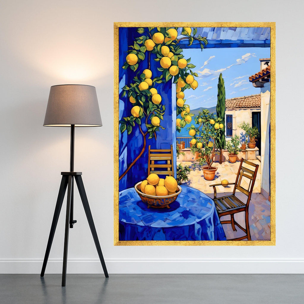 Mediterranean Lemon Tree Canvas, Sunny Patio Wall Art, Blue Tablecloth Outdoor Scene, Vibrant Home Decor, Citrus Fruit Canvas Ready To Hang,