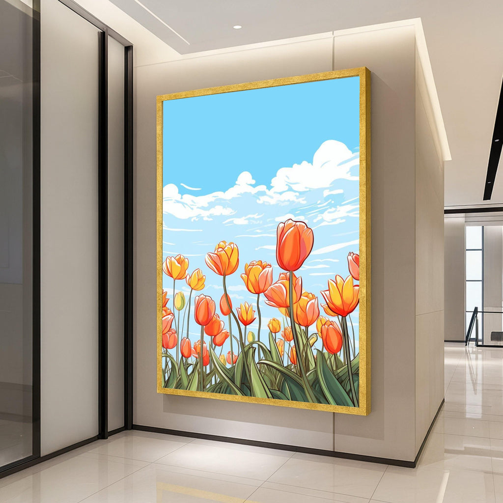 Vibrant Orange Tulips Canvas Art, Floral Field Wall Decor, Spring Flowers Illustration, Blue Sky Landscape, Botanical Canvas Ready To Hang,
