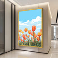 Vibrant Orange Tulips Canvas Art, Floral Field Wall Decor, Spring Flowers Illustration, Blue Sky Landscape, Botanical Canvas Ready To Hang,