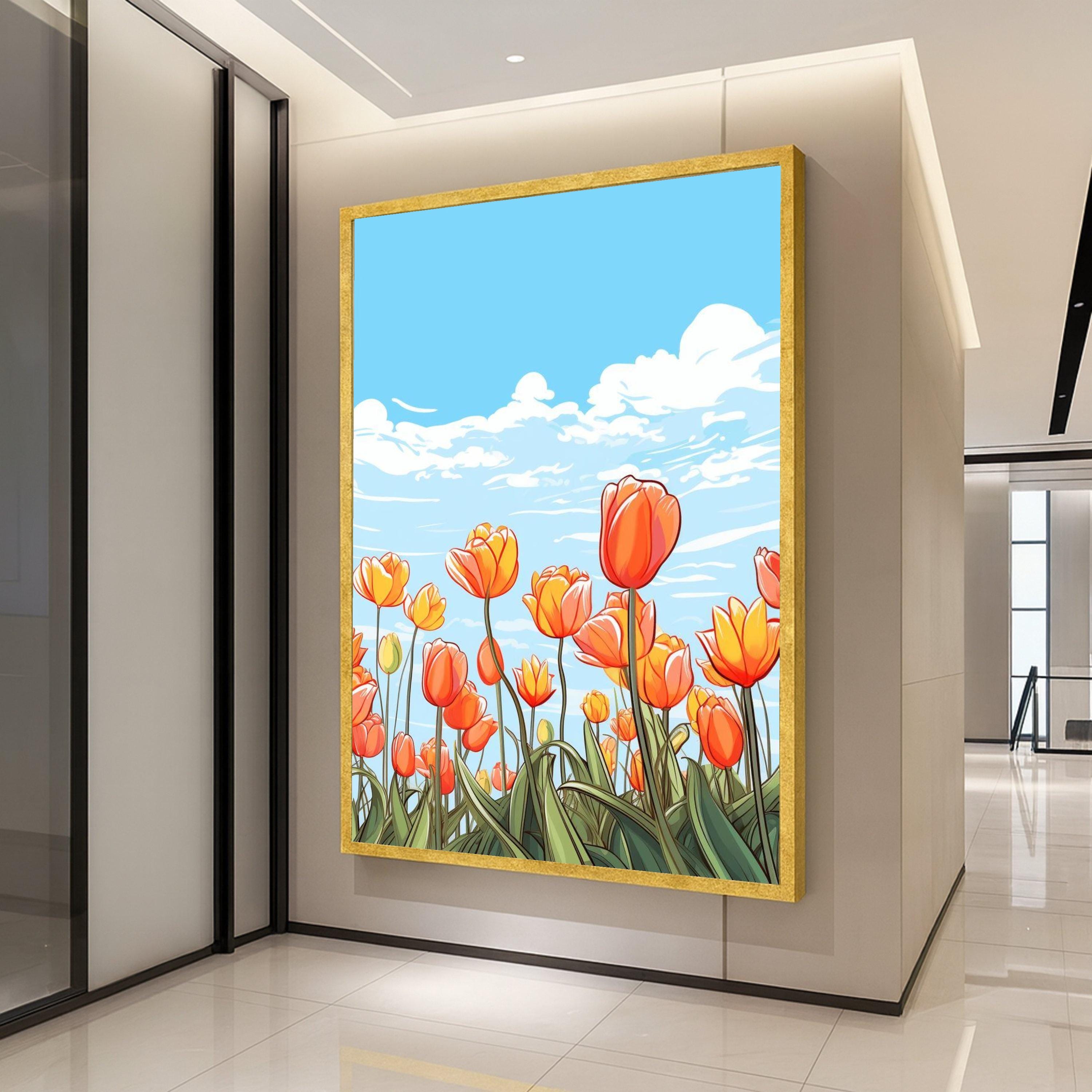 Vibrant Orange Tulips Canvas Art, Floral Field Wall Decor, Spring Flowers Illustration, Blue Sky Landscape, Botanical Canvas Ready To Hang,