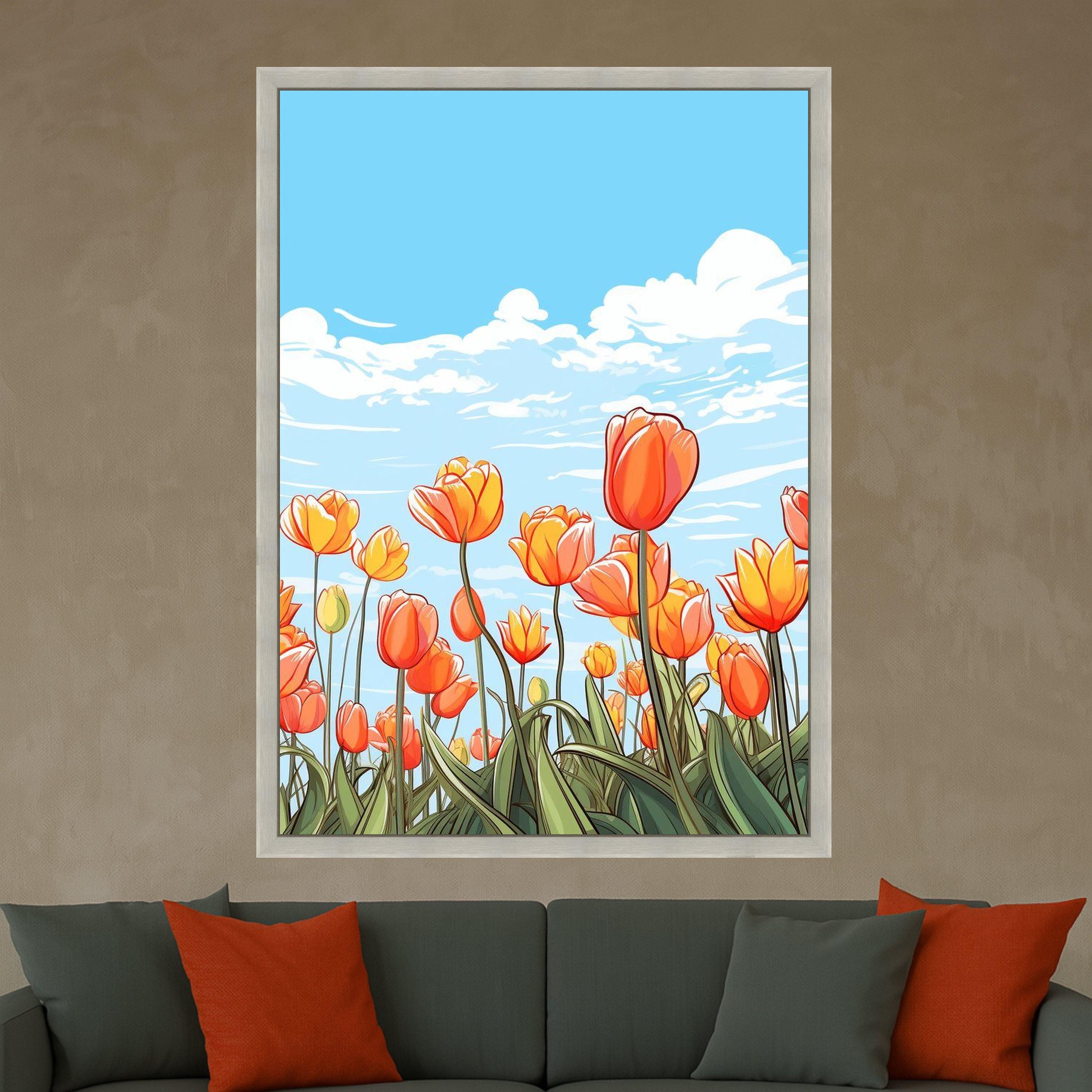 Vibrant Orange Tulips Canvas Art, Floral Field Wall Decor, Spring Flowers Illustration, Blue Sky Landscape, Botanical Canvas Ready To Hang,