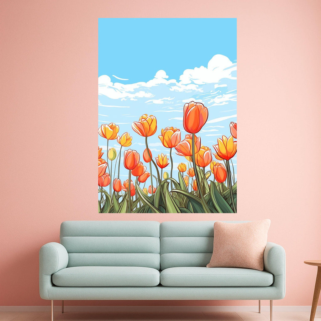 Vibrant Orange Tulips Canvas Art, Floral Field Wall Decor, Spring Flowers Illustration, Blue Sky Landscape, Botanical Canvas Ready To Hang,