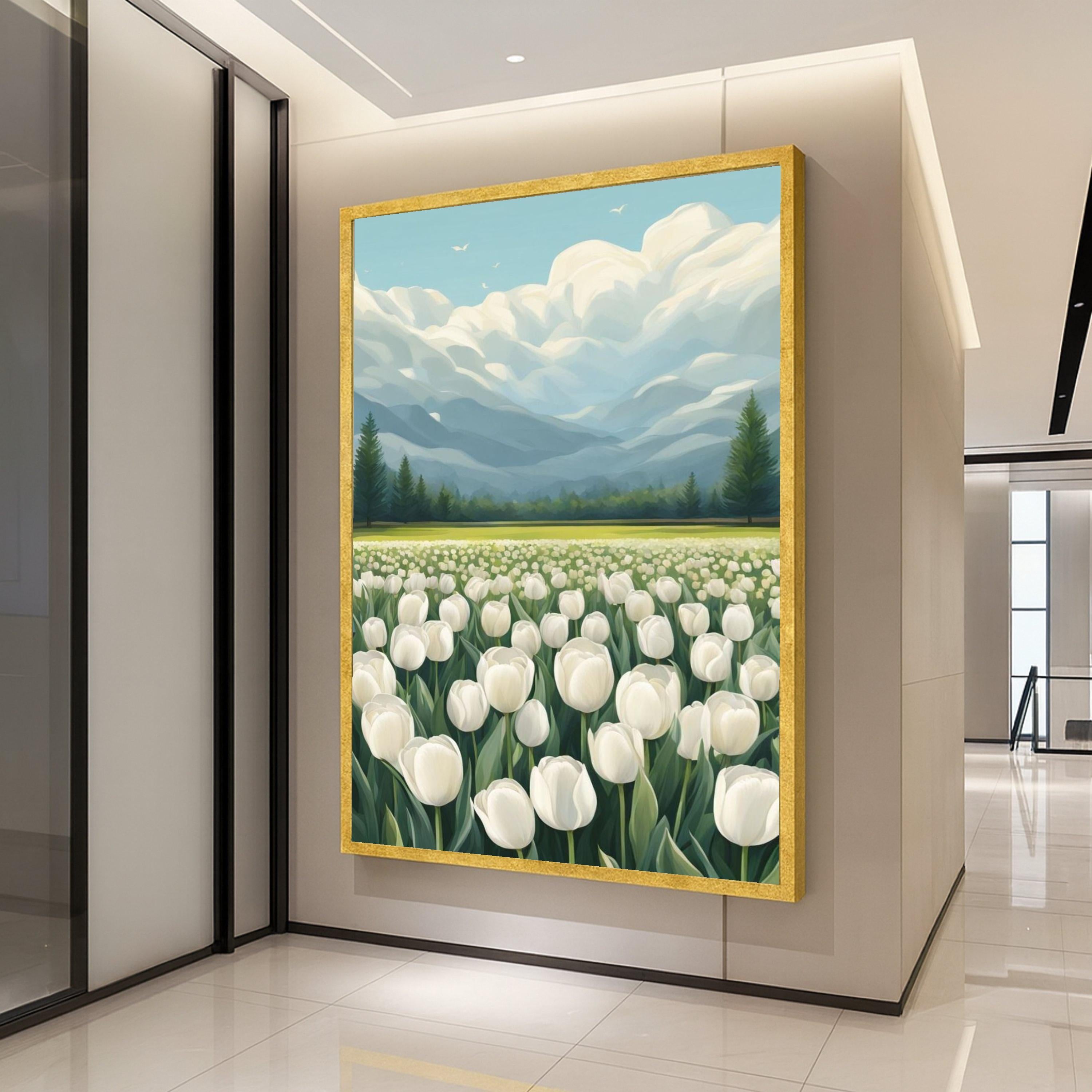 Tulip Field Canvas Print Wall Decoration – Mountain Landscape Floral Wall Art Ready to Hang Wall Decor
