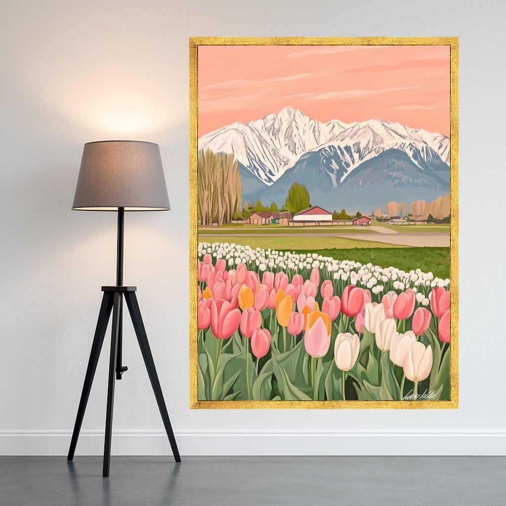 Tulip Field Canvas Print – Snowy Mountain Landscape Wall Art – Spring Floral Wall Decor – Ready to Hang Country Scene Painting