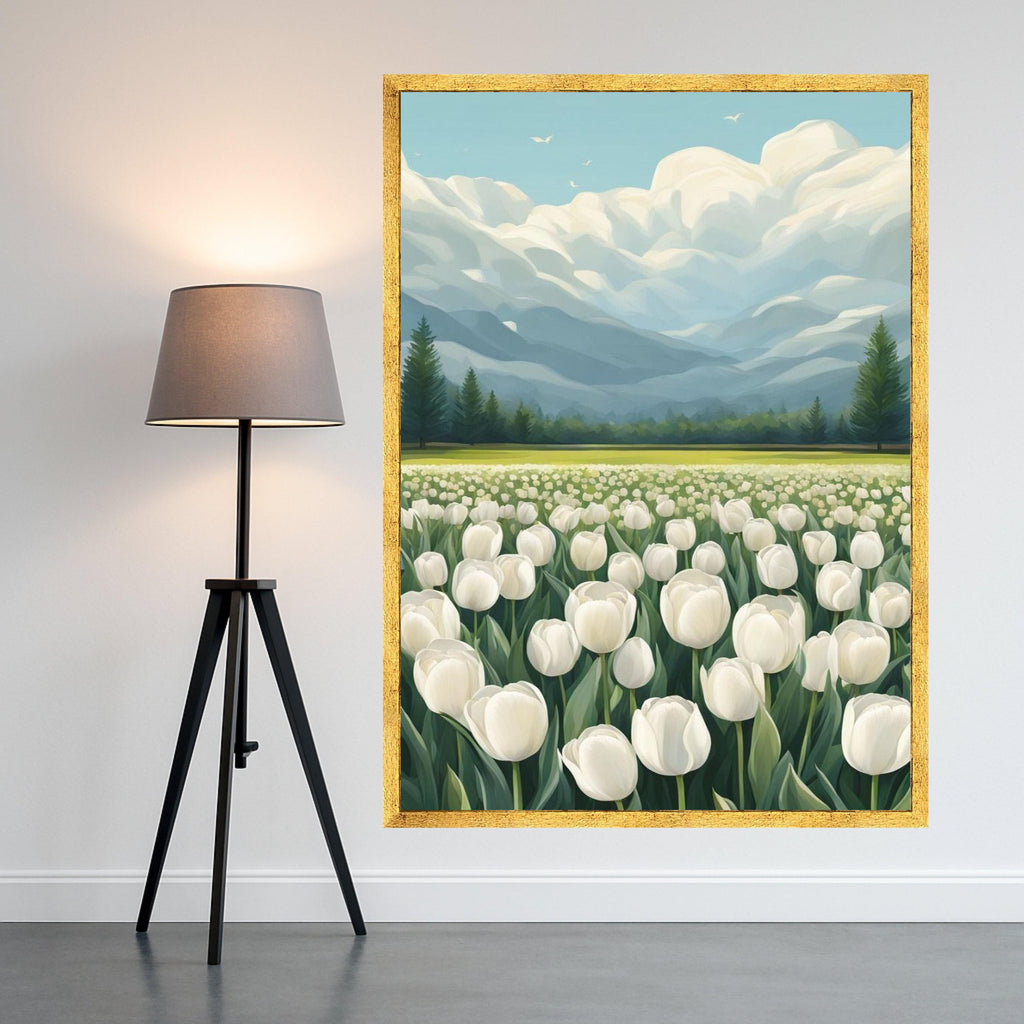 Tulip Field Canvas Print Wall Decoration – Mountain Landscape Floral Wall Art Ready to Hang Wall Decor