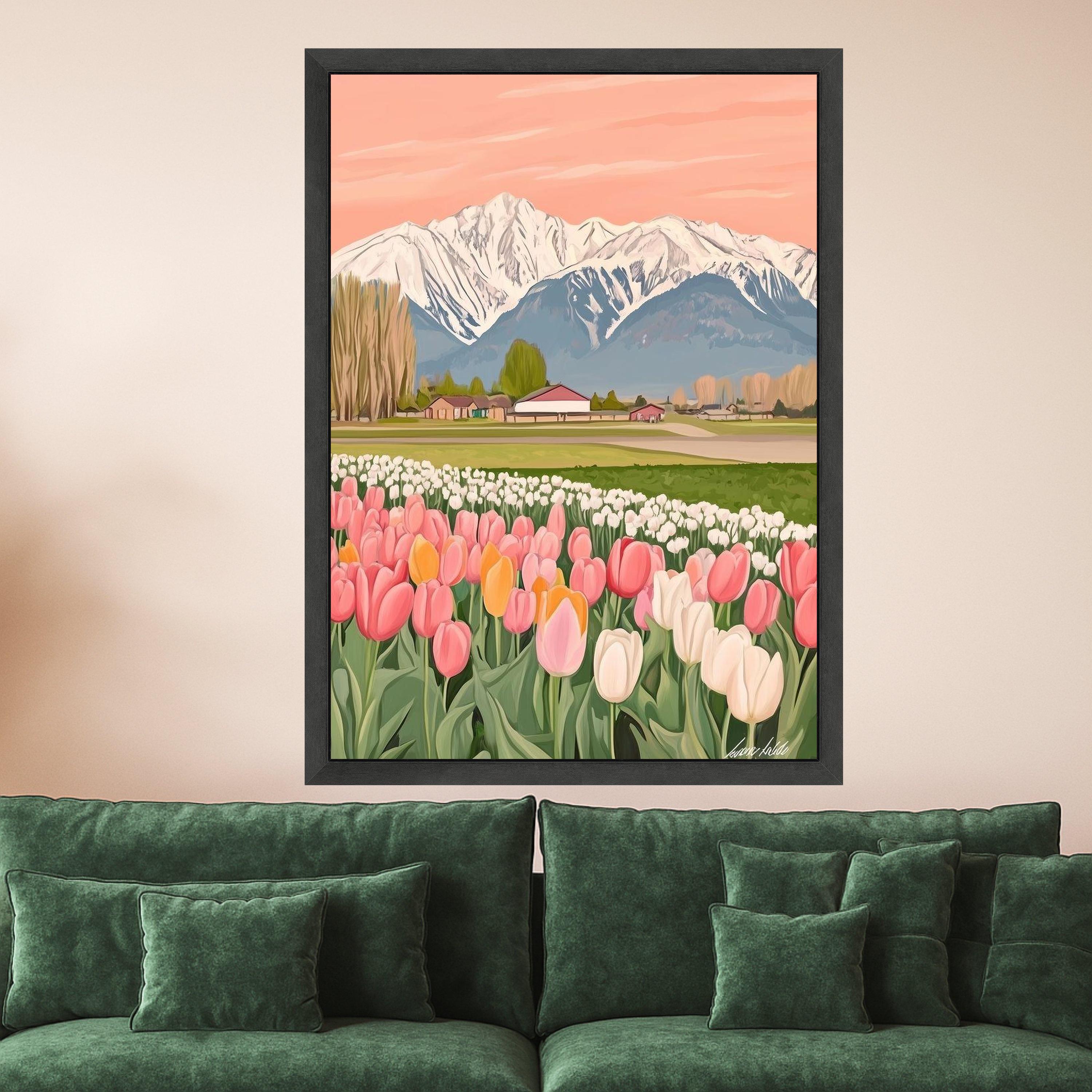 Tulip Field Canvas Print – Snowy Mountain Landscape Wall Art – Spring Floral Wall Decor – Ready to Hang Country Scene Painting