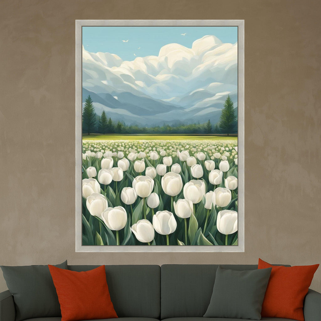 Tulip Field Canvas Print Wall Decoration – Mountain Landscape Floral Wall Art Ready to Hang Wall Decor