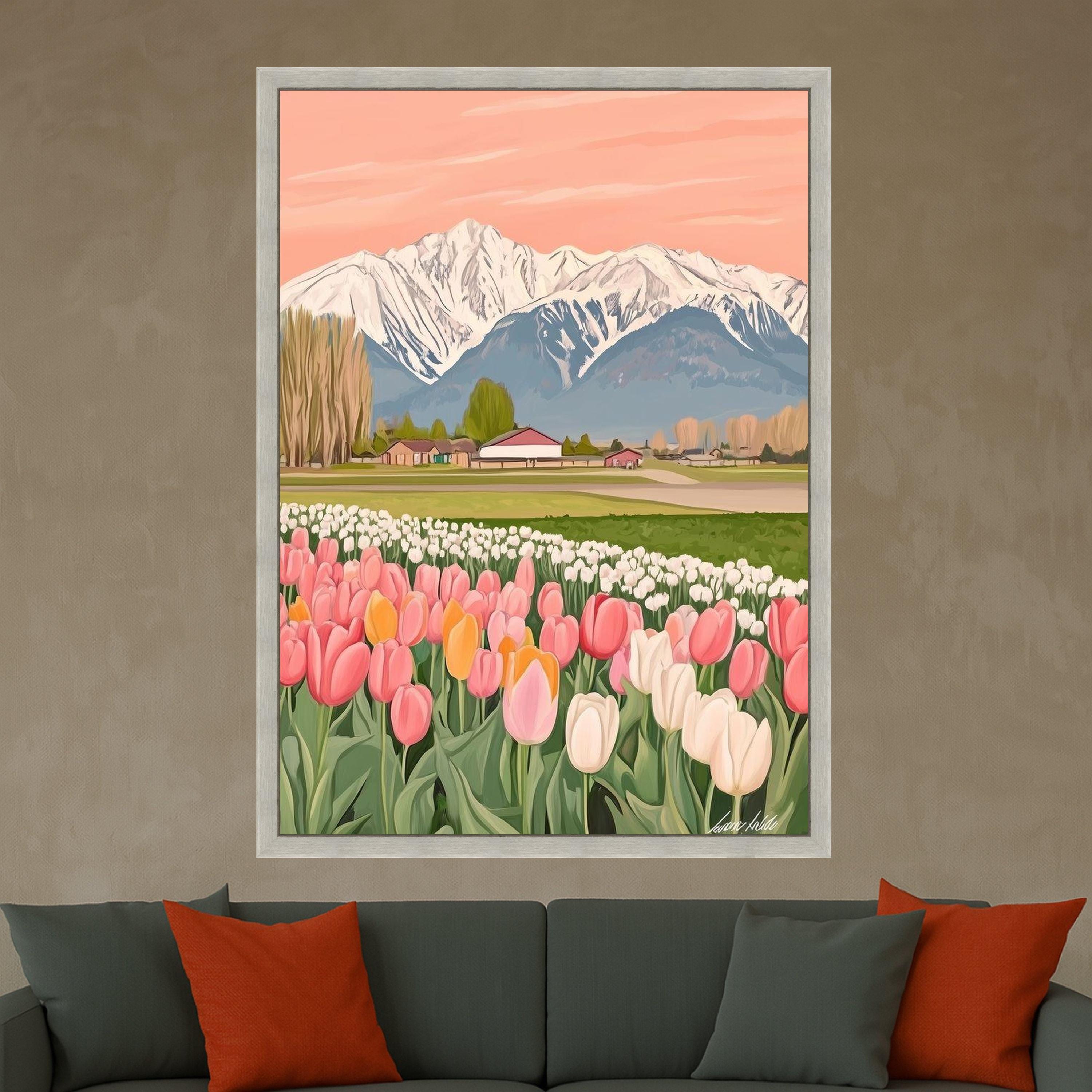 Tulip Field Canvas Print – Snowy Mountain Landscape Wall Art – Spring Floral Wall Decor – Ready to Hang Country Scene Painting