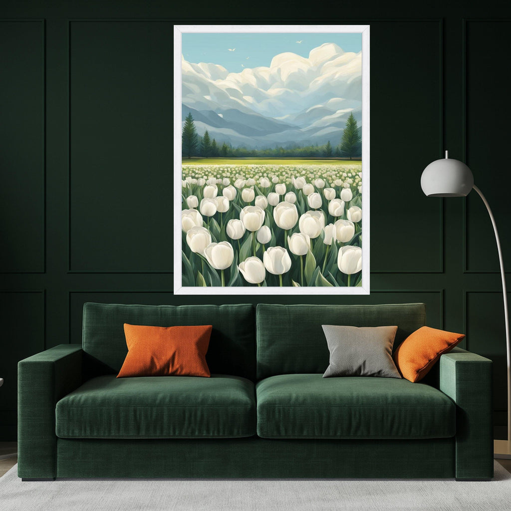 Tulip Field Canvas Print Wall Decoration – Mountain Landscape Floral Wall Art Ready to Hang Wall Decor