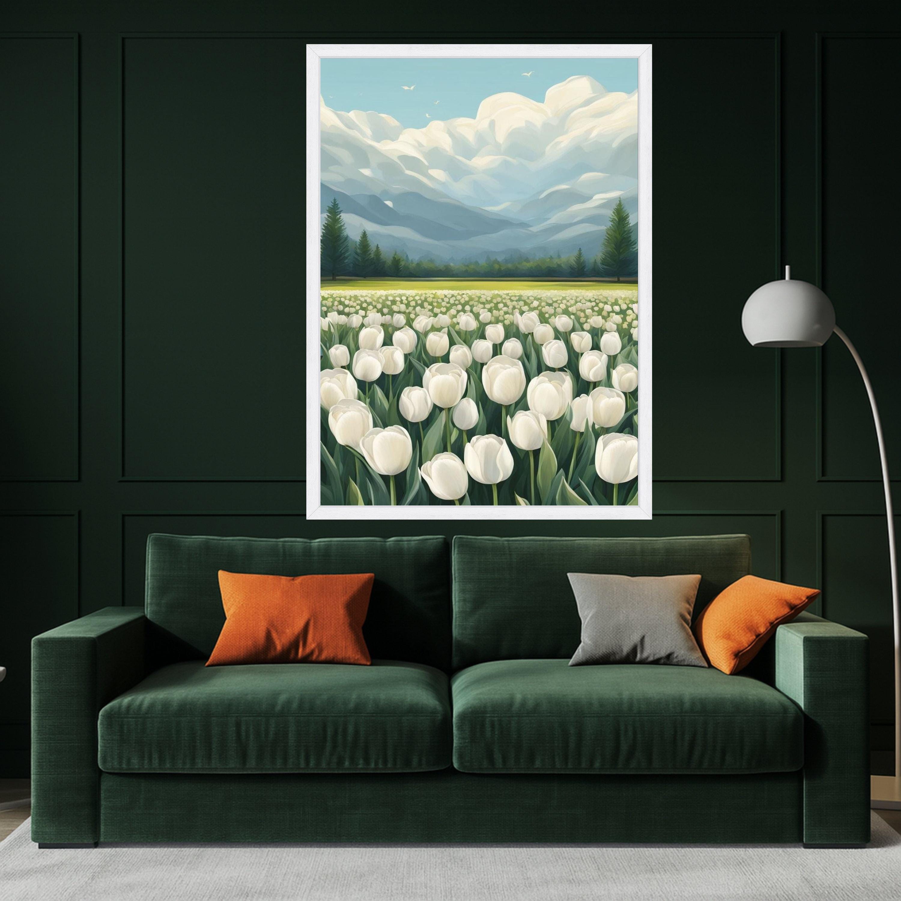 Tulip Field Canvas Print Wall Decoration – Mountain Landscape Floral Wall Art Ready to Hang Wall Decor