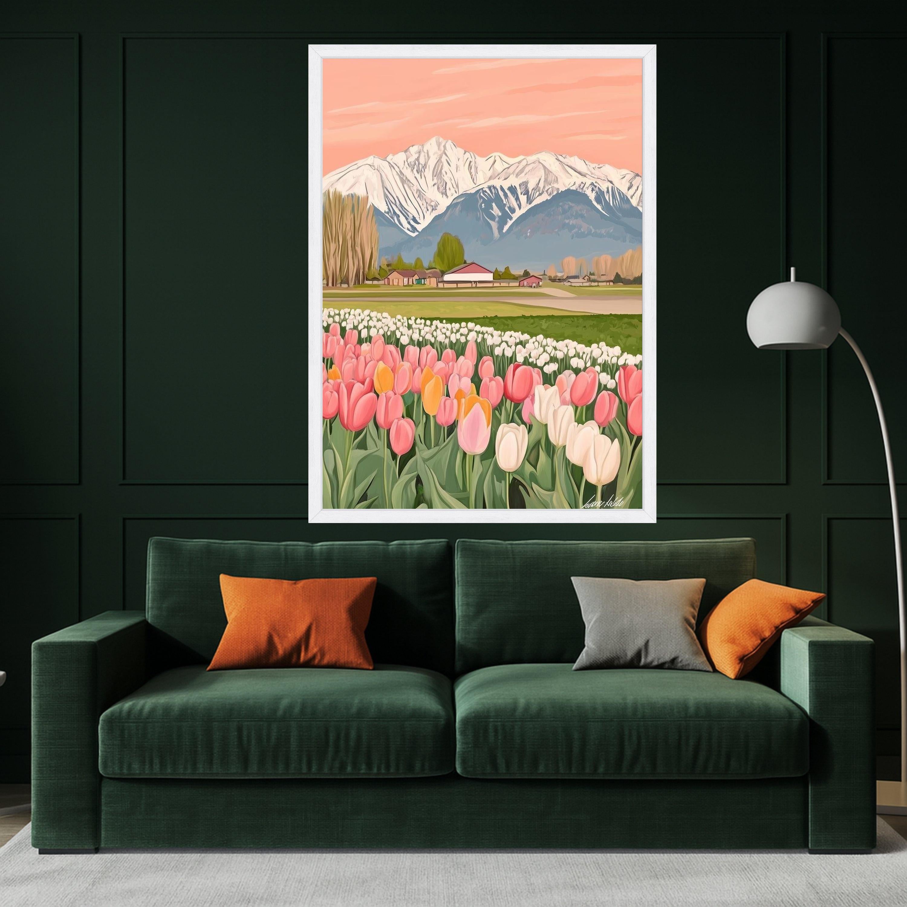 Tulip Field Canvas Print – Snowy Mountain Landscape Wall Art – Spring Floral Wall Decor – Ready to Hang Country Scene Painting