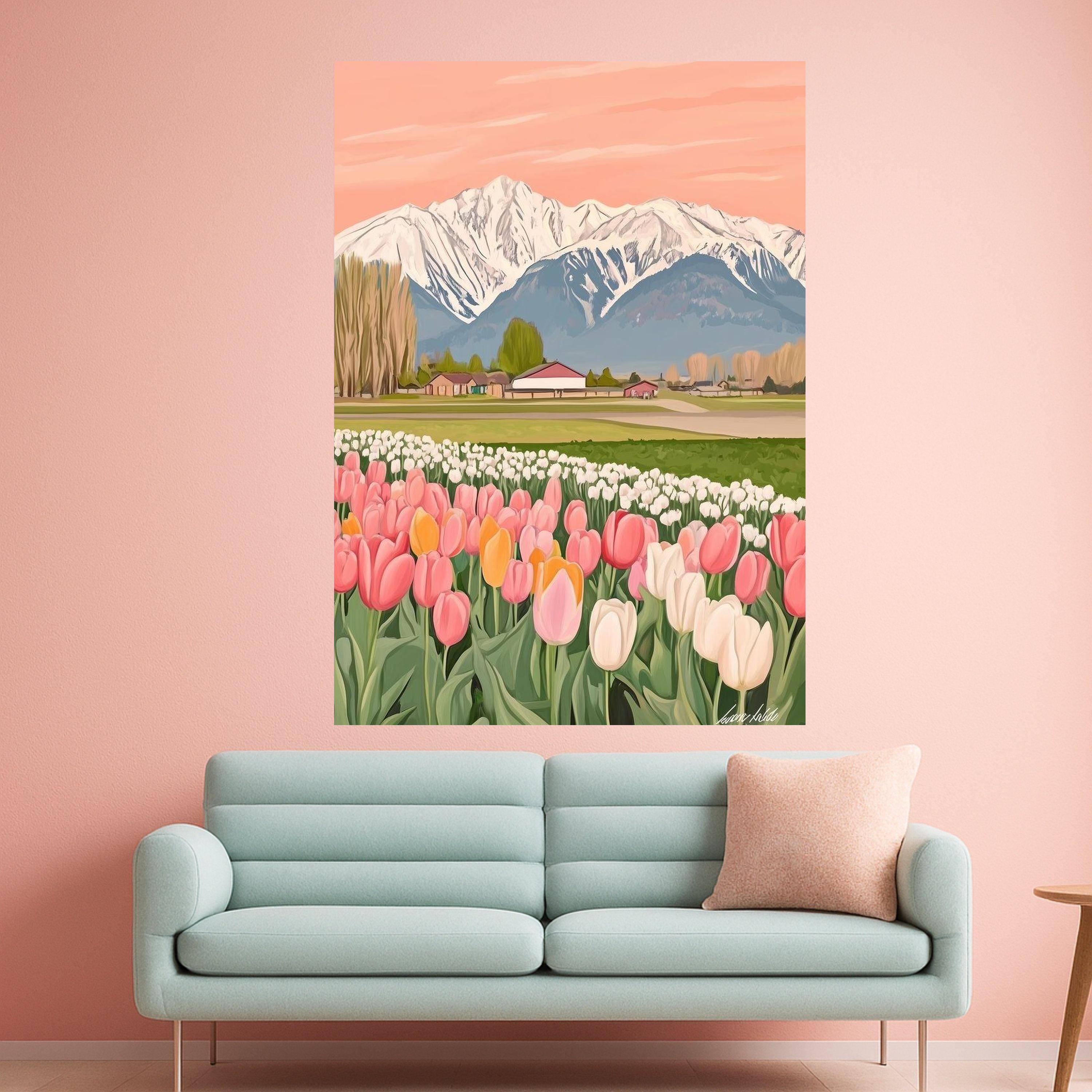 Tulip Field Canvas Print – Snowy Mountain Landscape Wall Art – Spring Floral Wall Decor – Ready to Hang Country Scene Painting