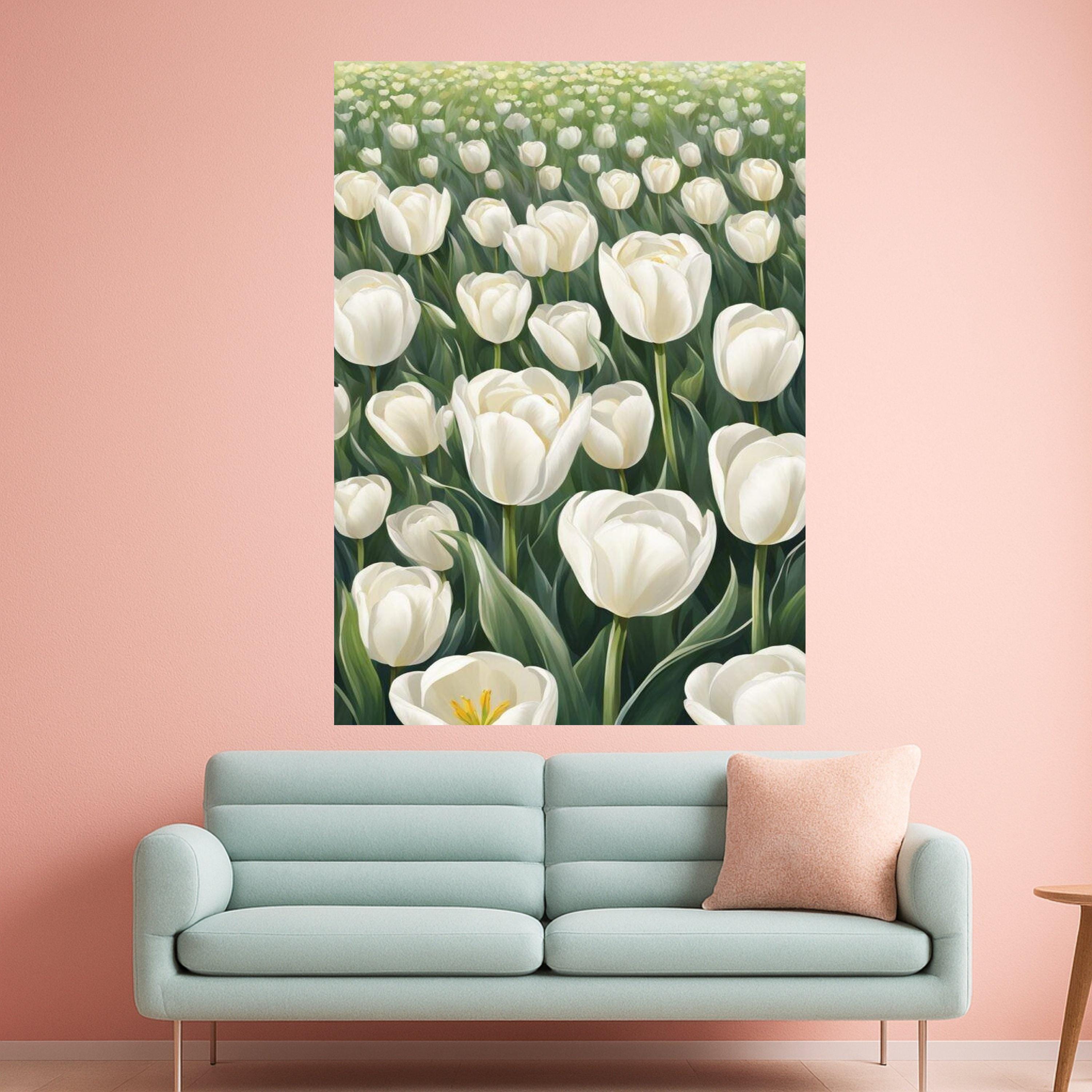 White Tulip Field Canvas Print – Floral Wall Art – Botanical Wall Decoration – Elegant Wall Decor – Ready to Hang Nature Artwork