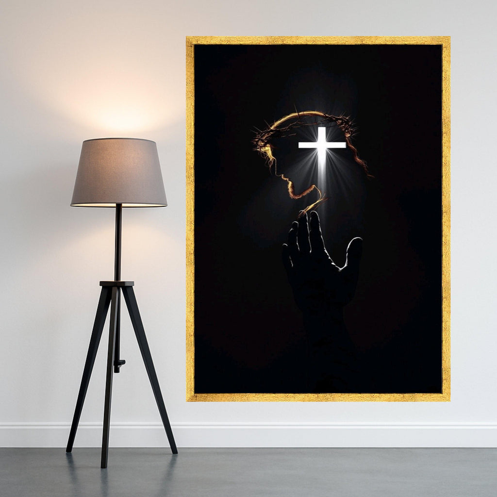 Christian Canvas Print with Cross Light – Jesus Wall Art Ready to Hang – Religious Wall Decor for Living Room or Church
