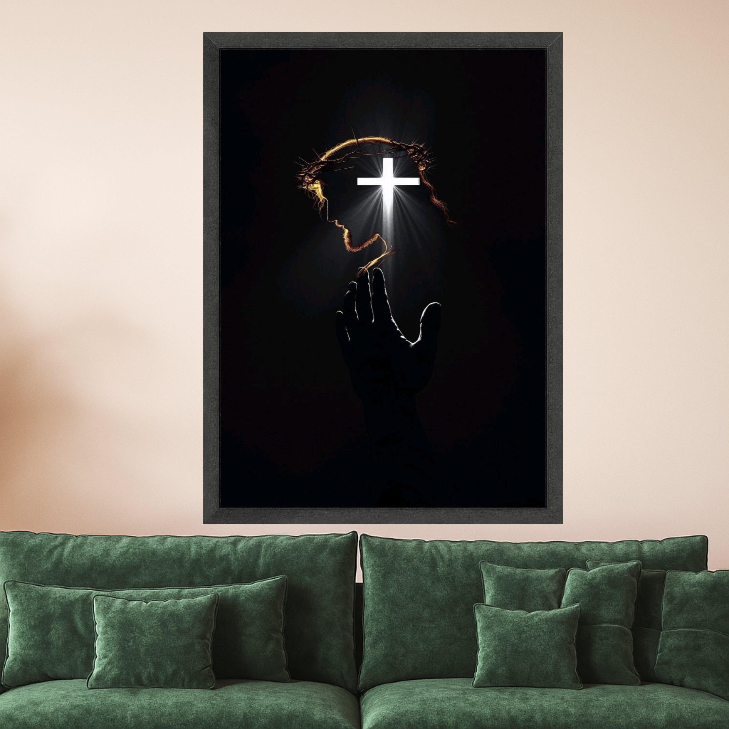 Christian Canvas Print with Cross Light – Jesus Wall Art Ready to Hang – Religious Wall Decor for Living Room or Church