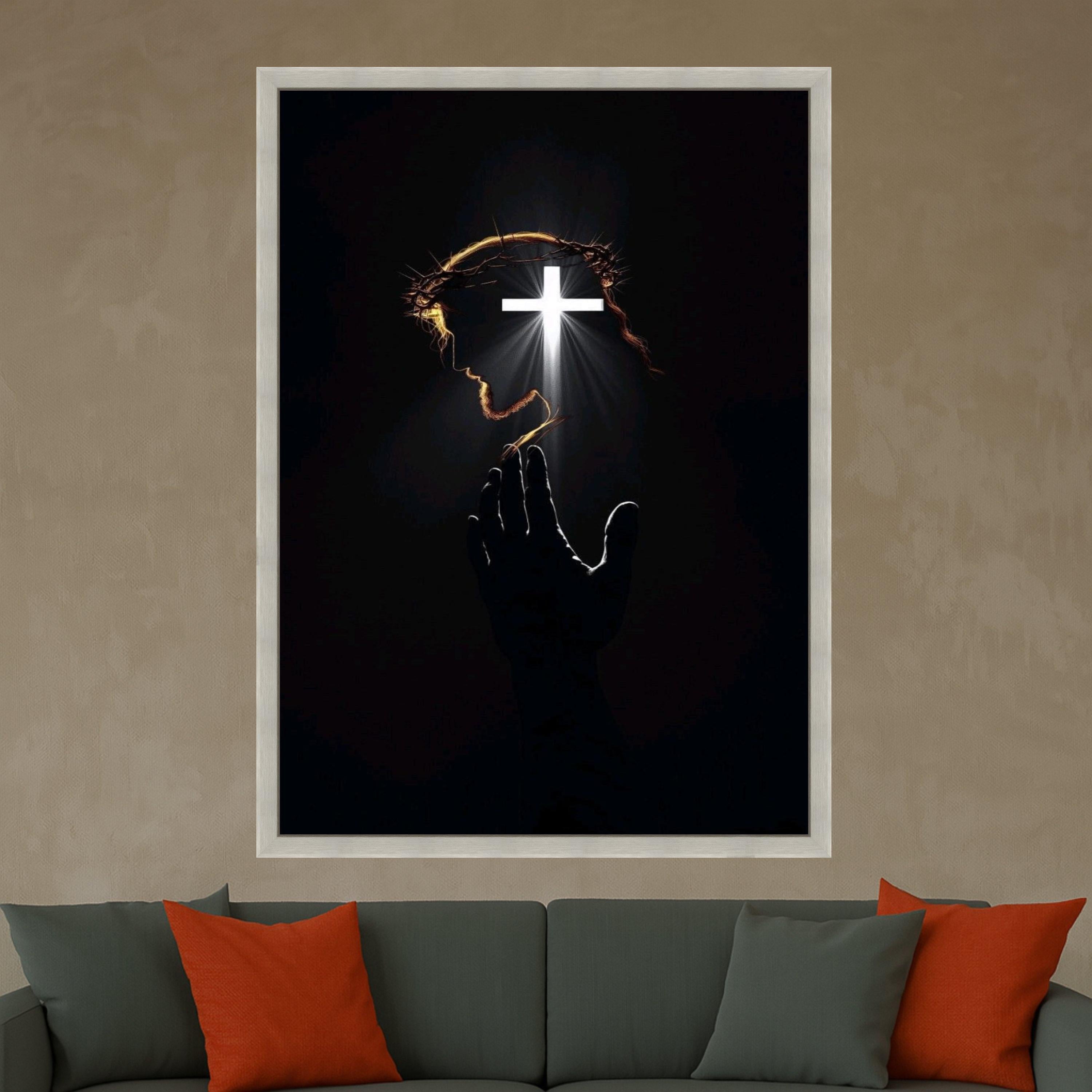 Christian Canvas Print with Cross Light – Jesus Wall Art Ready to Hang – Religious Wall Decor for Living Room or Church