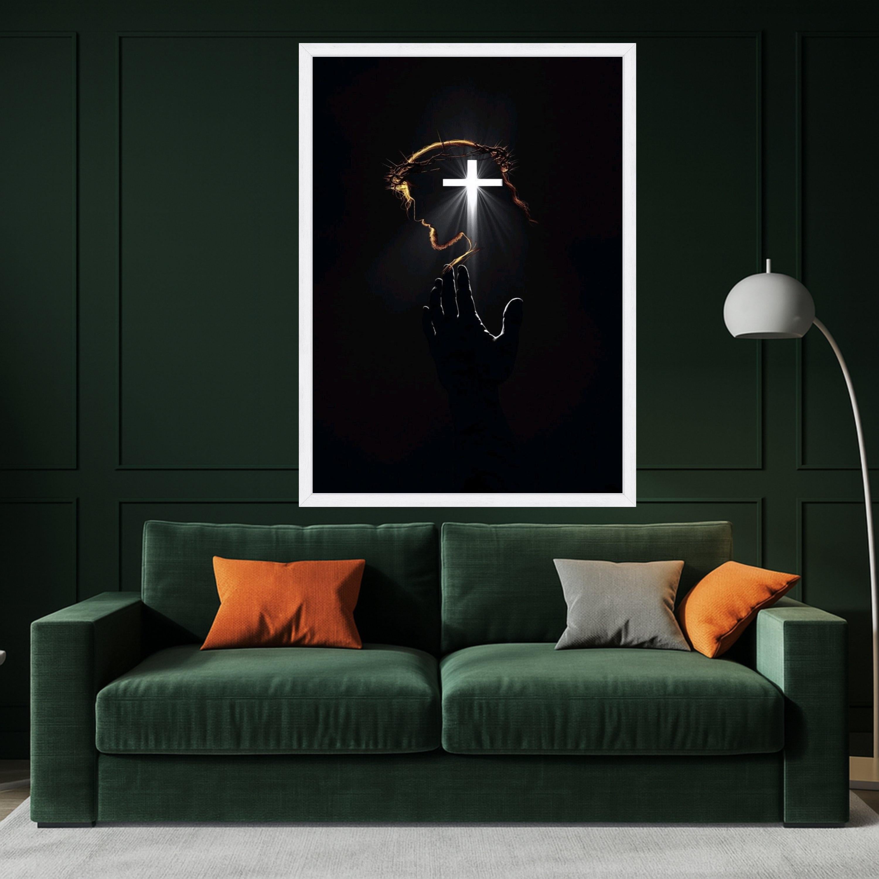 Christian Canvas Print with Cross Light – Jesus Wall Art Ready to Hang – Religious Wall Decor for Living Room or Church