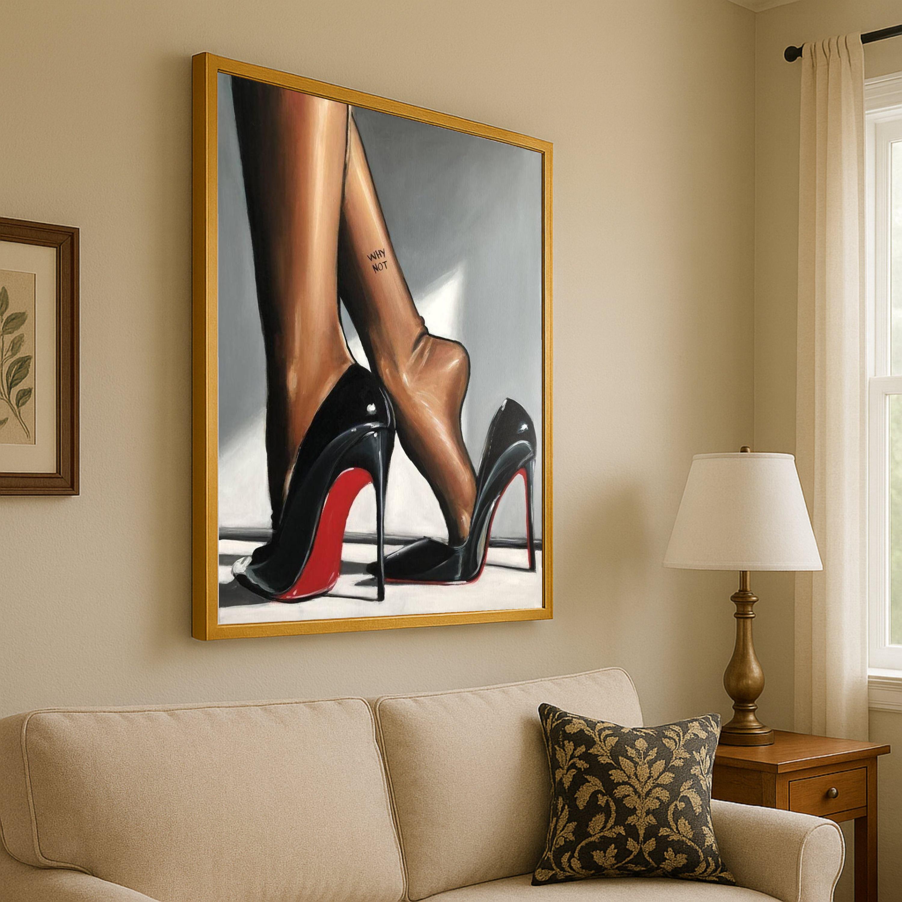 Elegant Black Red Sole Heels with Bare Feet Canvas, Fashion Wall Art, Stylish Footwear Painting, Modern Home Decor, Ready to Ready To Hang,