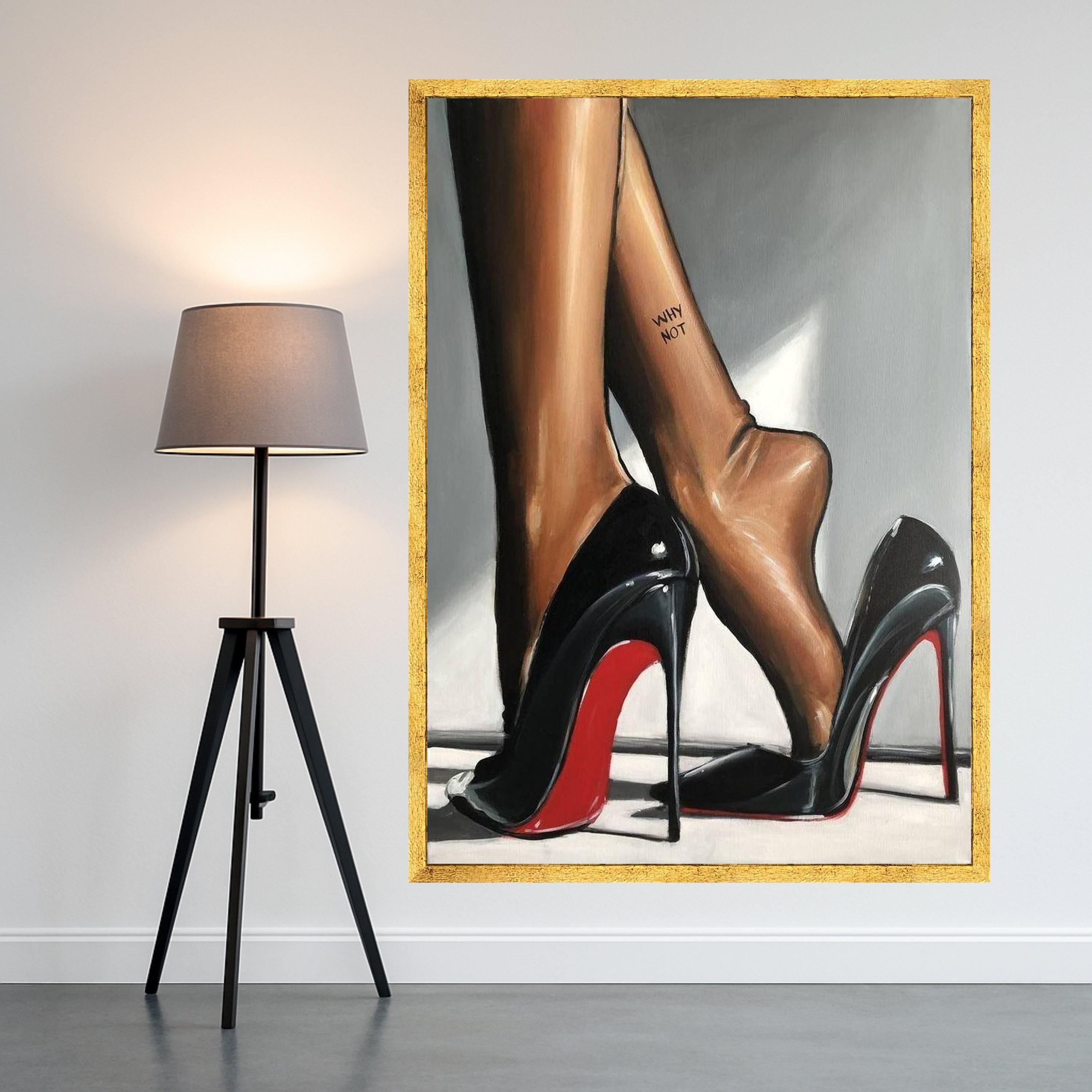 Elegant Black Red Sole Heels with Bare Feet Canvas, Fashion Wall Art, Stylish Footwear Painting, Modern Home Decor, Ready to Ready To Hang,