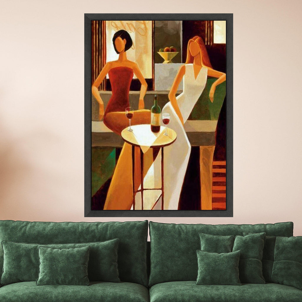 Elegant Evening Scene Canvas, Modern Women Sitting Art, Wine Glasses Wall Decor, Abstract Figures Painting, Chic Home Ready To Hang,