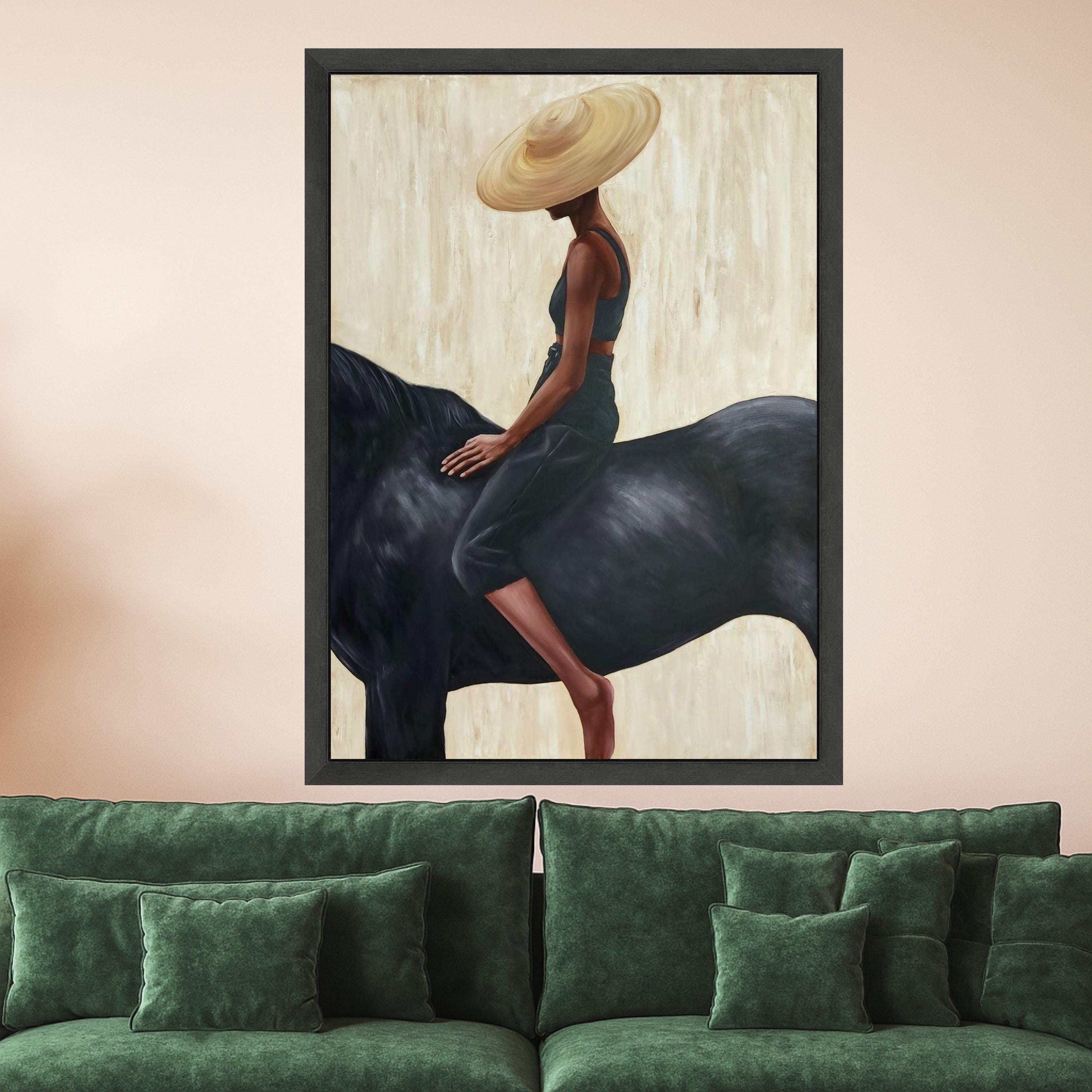 Elegant Woman with Wide Brim Hat on Black Horse Canvas, Modern Figurative Wall Art, Minimalist Home Decor, Contemporary Ready To Hang,