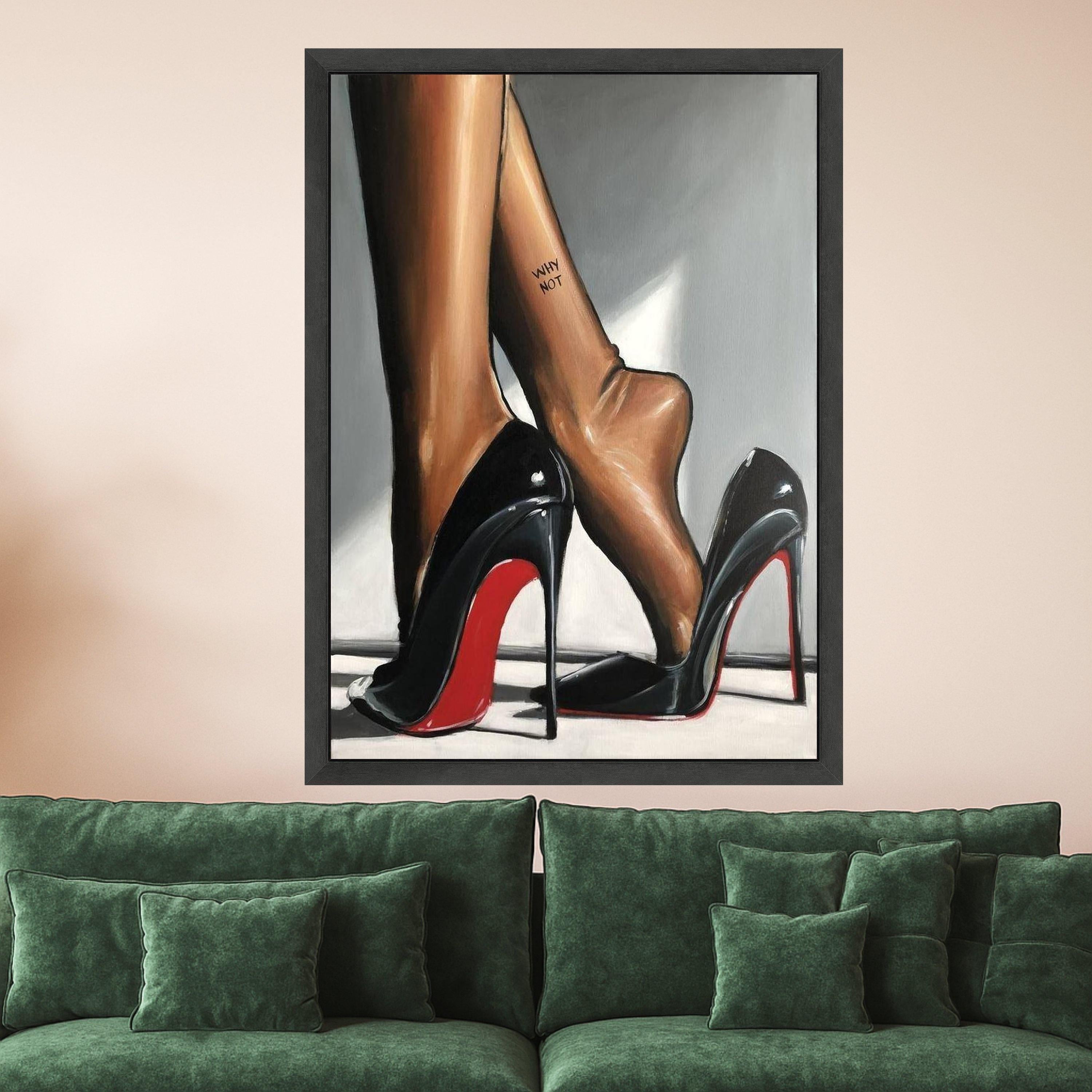 Elegant Black Red Sole Heels with Bare Feet Canvas, Fashion Wall Art, Stylish Footwear Painting, Modern Home Decor, Ready to Ready To Hang,
