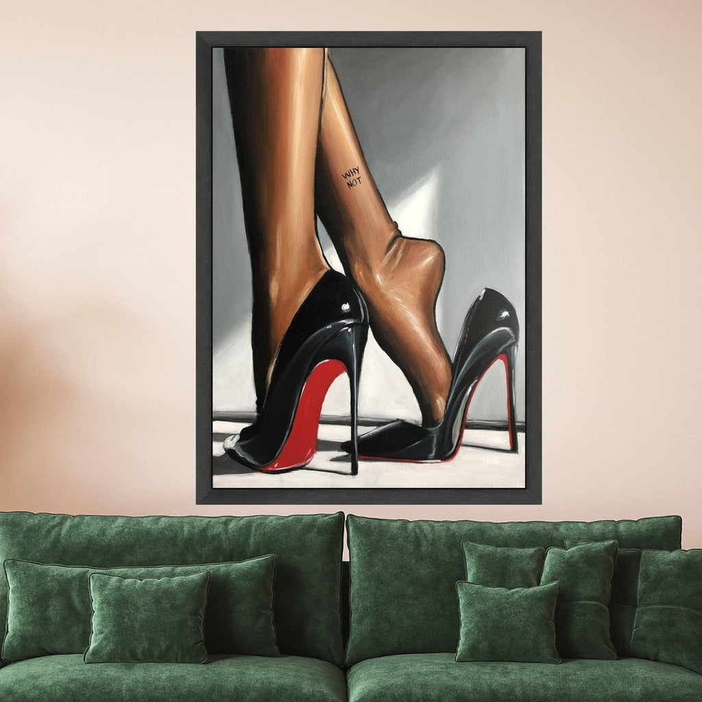 Elegant Black Red Sole Heels with Bare Feet Canvas, Fashion Wall Art, Stylish Footwear Painting, Modern Home Decor, Ready to Ready To Hang,