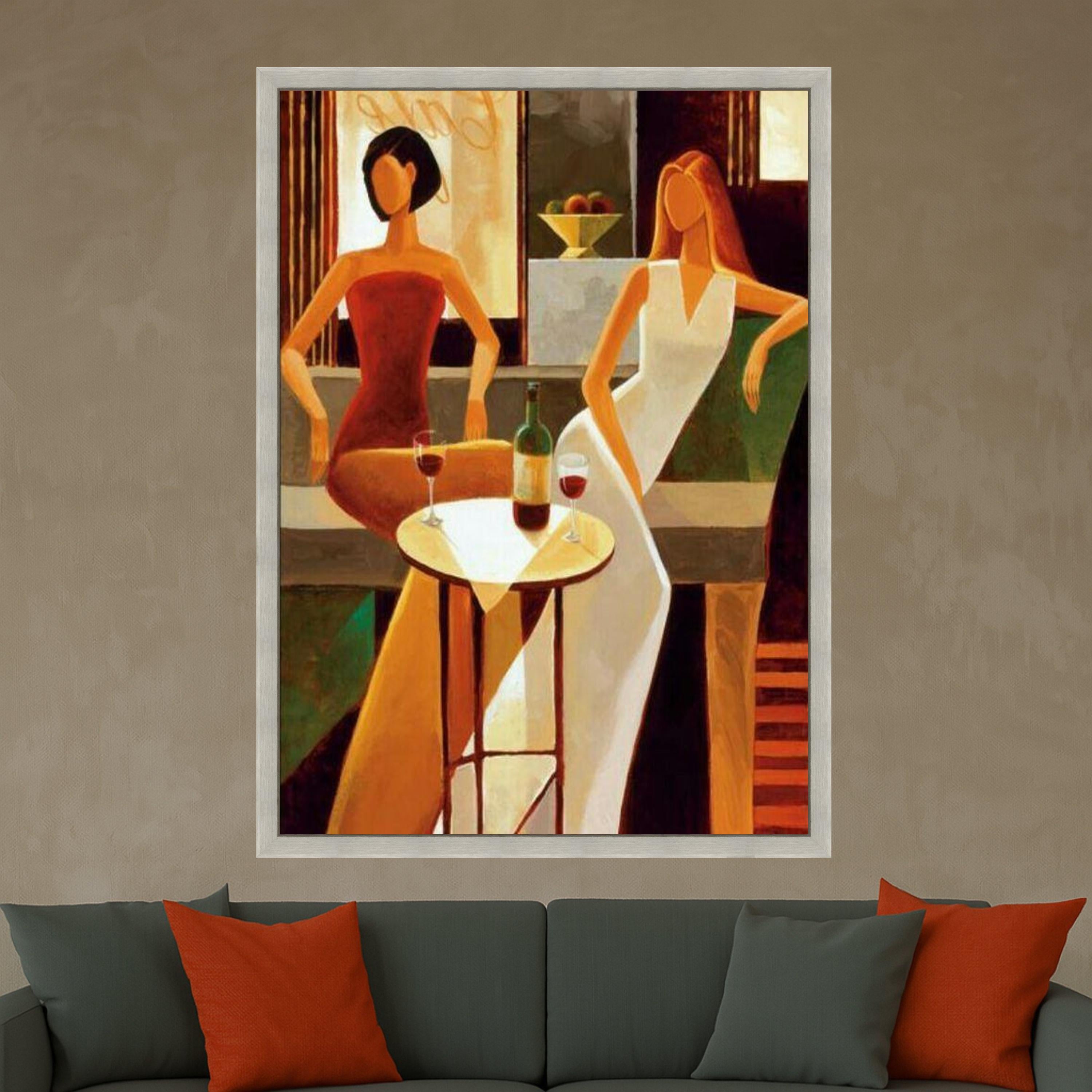 Elegant Evening Scene Canvas, Modern Women Sitting Art, Wine Glasses Wall Decor, Abstract Figures Painting, Chic Home Ready To Hang,