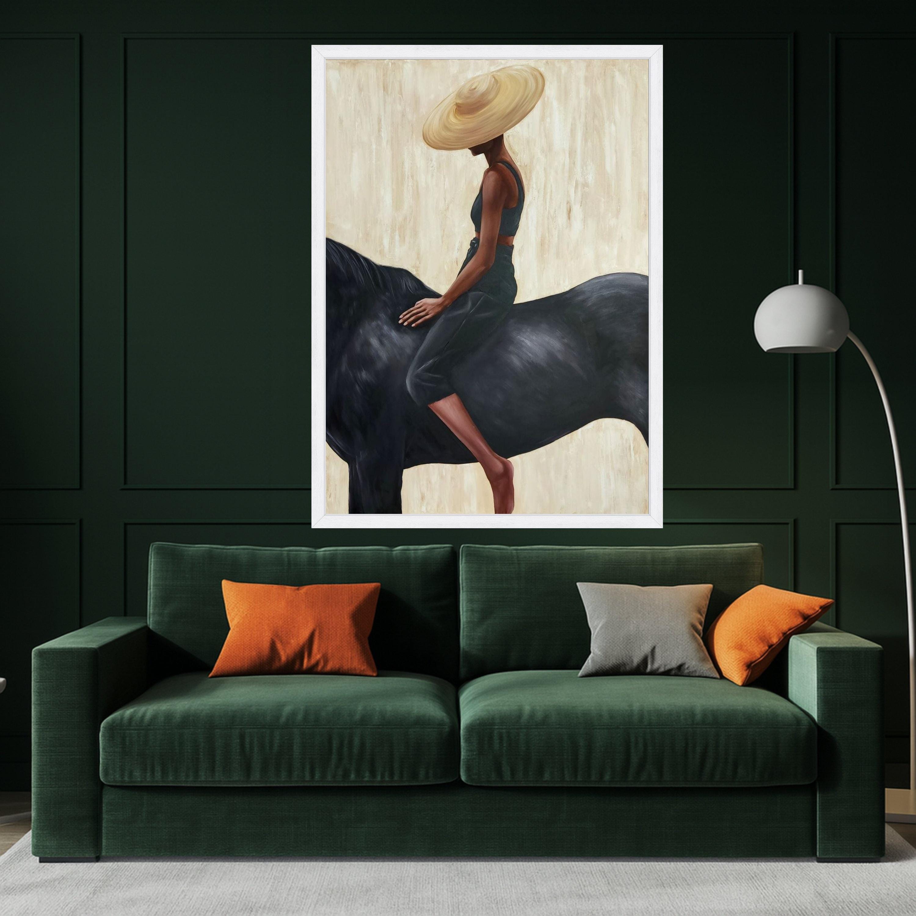 Elegant Woman with Wide Brim Hat on Black Horse Canvas, Modern Figurative Wall Art, Minimalist Home Decor, Contemporary Ready To Hang,