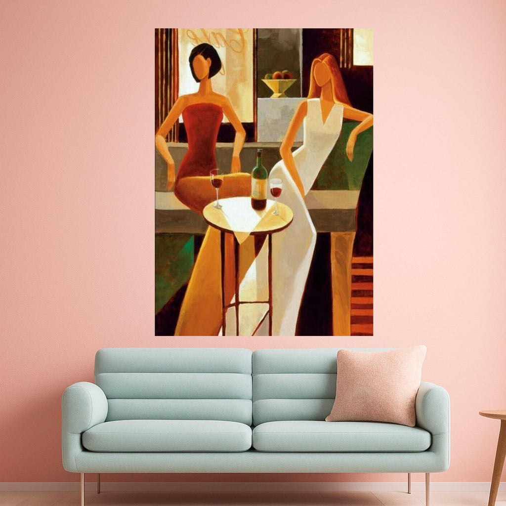 Elegant Evening Scene Canvas, Modern Women Sitting Art, Wine Glasses Wall Decor, Abstract Figures Painting, Chic Home Ready To Hang,