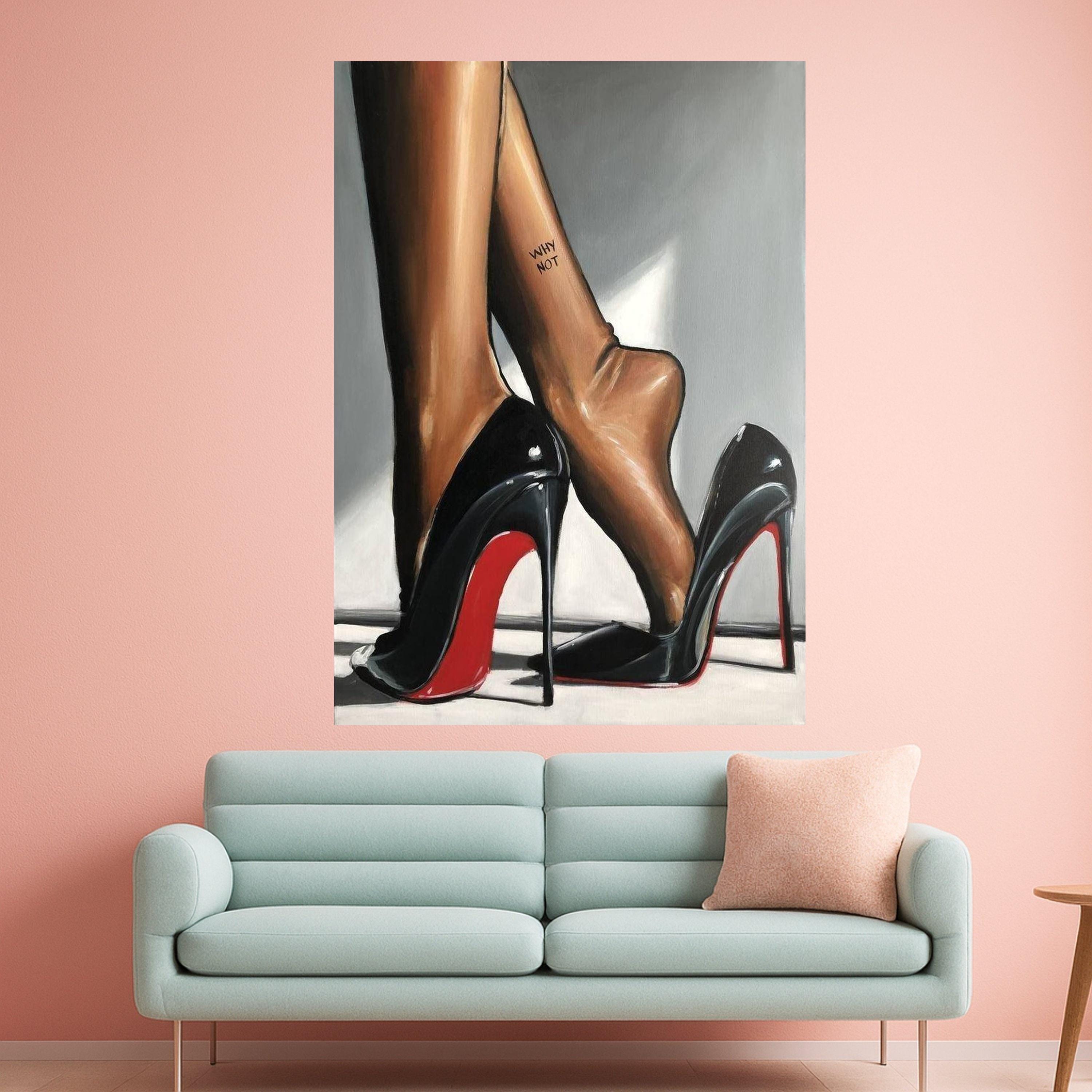 Elegant Black Red Sole Heels with Bare Feet Canvas, Fashion Wall Art, Stylish Footwear Painting, Modern Home Decor, Ready to Ready To Hang,