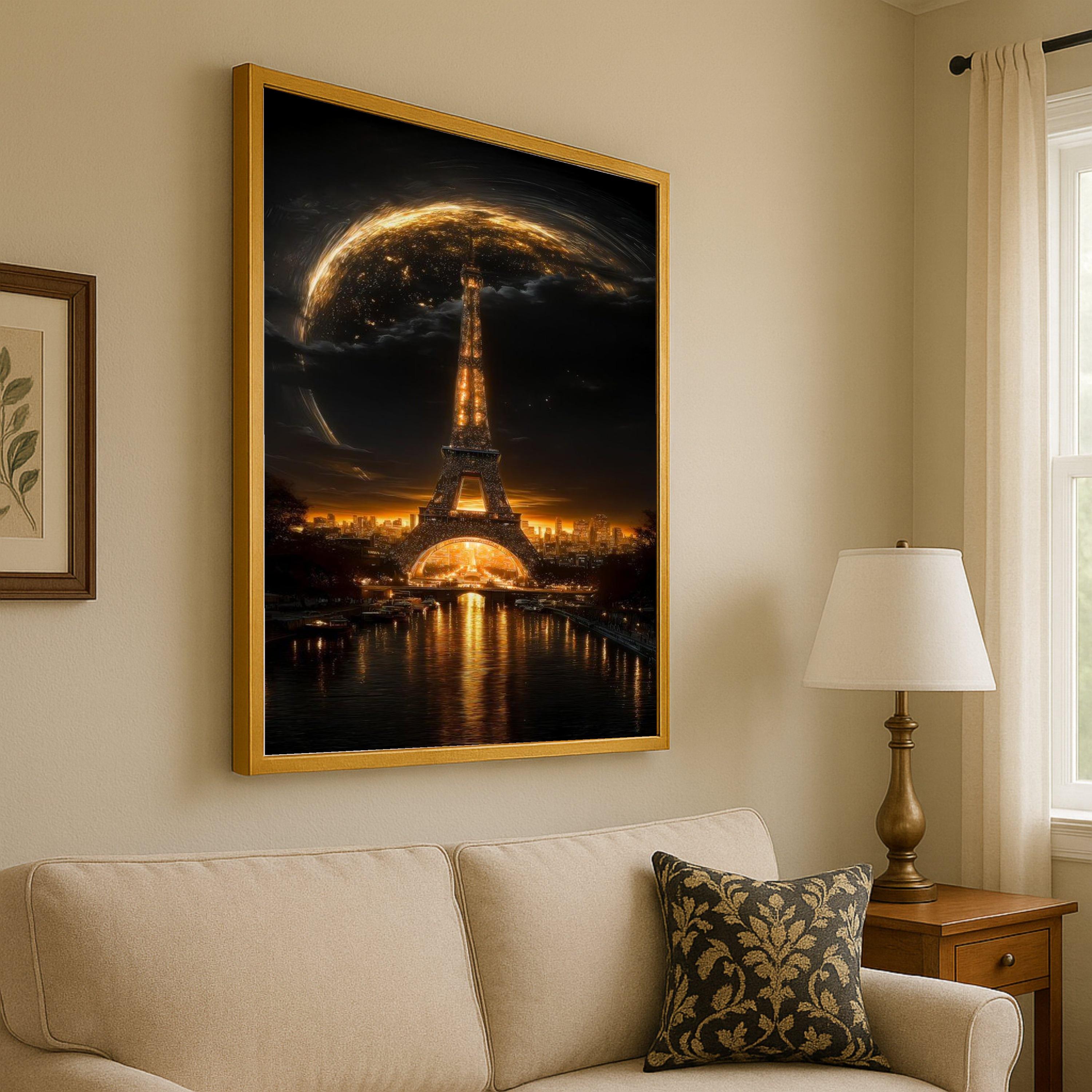 Illuminated Eiffel Tower at Night, Paris Cityscape Canvas, Golden Glow Wall Art, Romantic Landmark Decoration, Urban Night Ready To Hang,