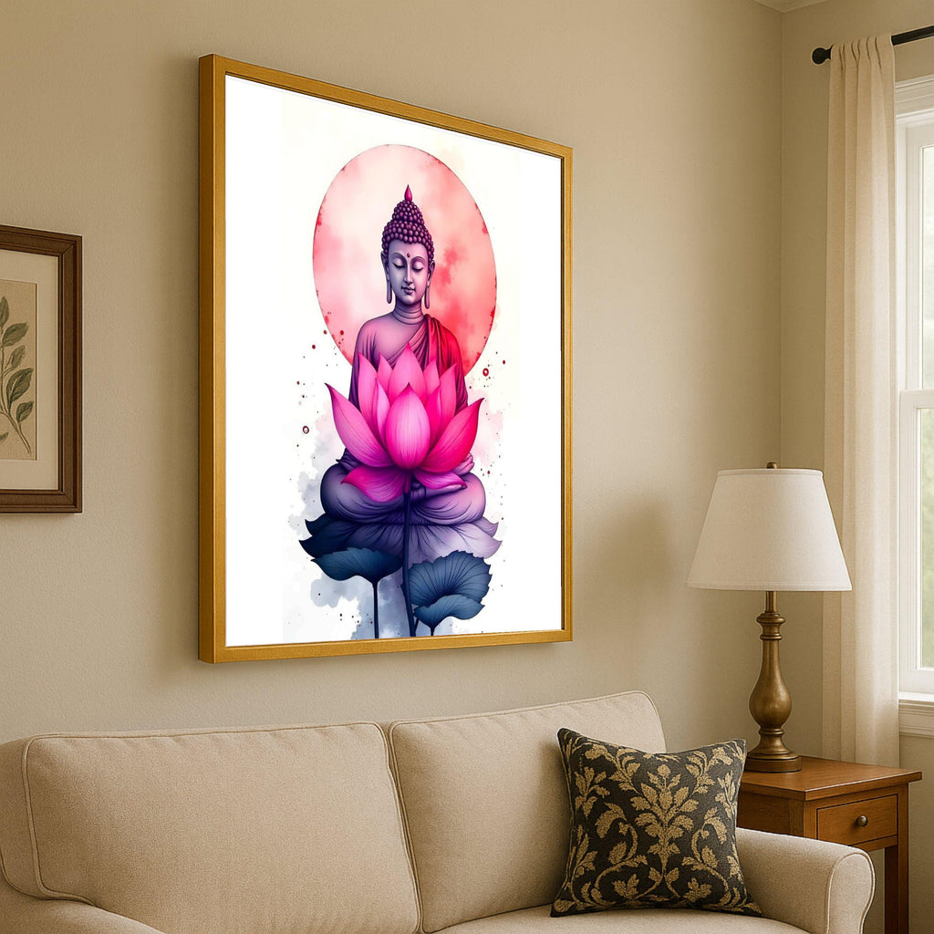 Meditative Buddha with Pink Lotus Canvas, Spiritual Wall Art, Zen Home Decor, Tranquil Buddha Painting, Meditation Room Ready To Hang,
