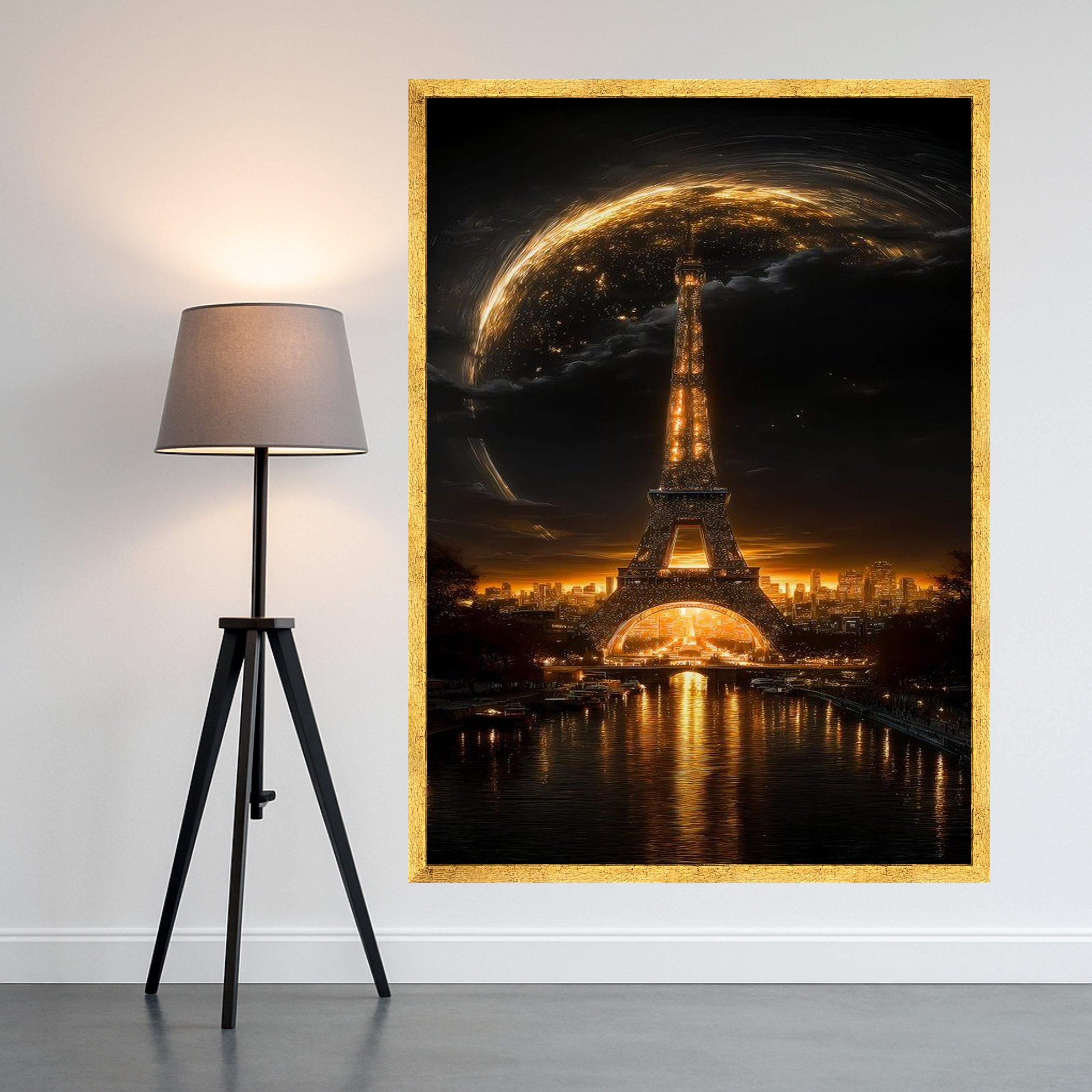 Illuminated Eiffel Tower at Night, Paris Cityscape Canvas, Golden Glow Wall Art, Romantic Landmark Decoration, Urban Night Ready To Hang,