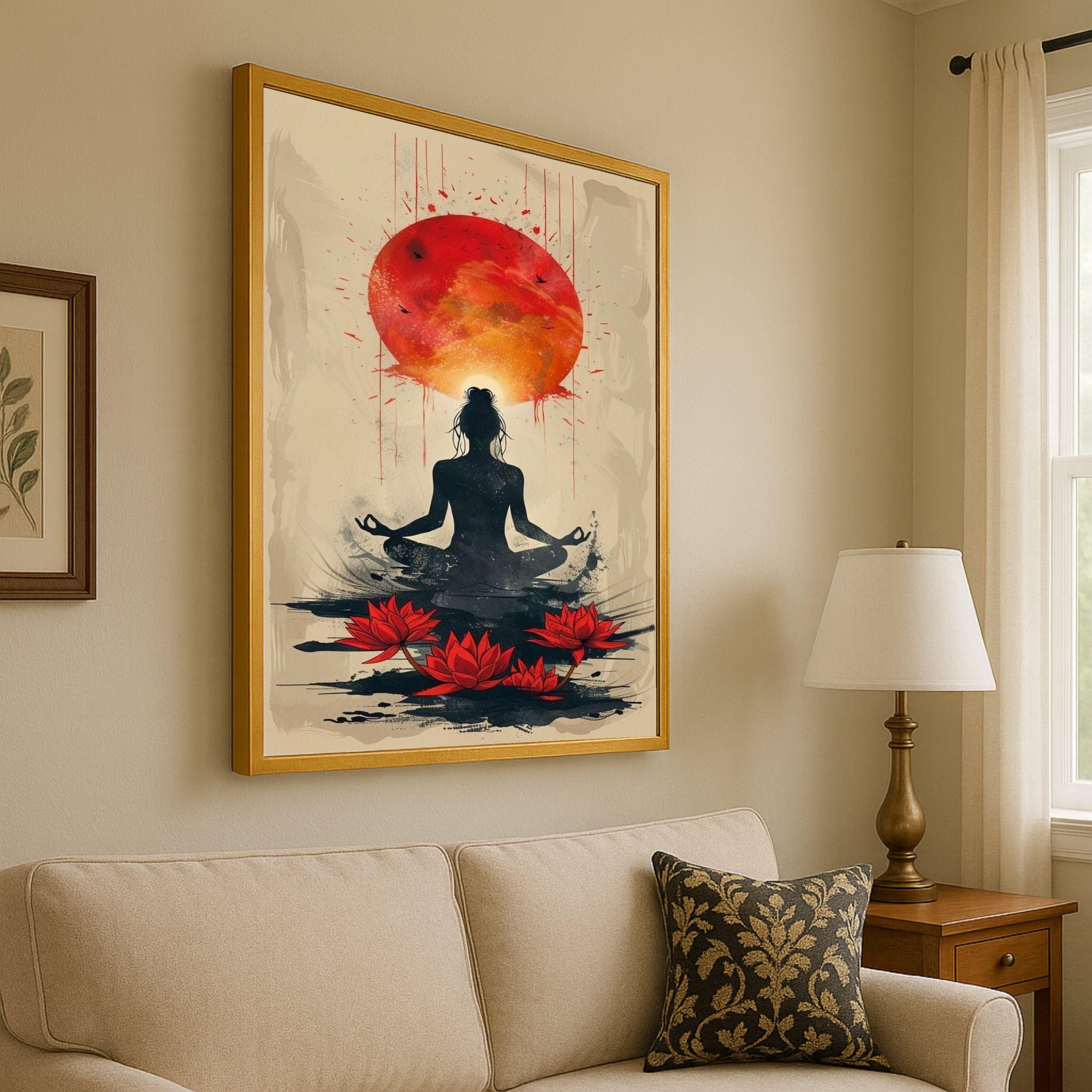 Meditative Yoga Silhouette Canvas, Red Lotus Flowers Wall Art, Spiritual Sunrise Painting, Zen Home Decor, Mindfulness Canvas Ready To Hang,