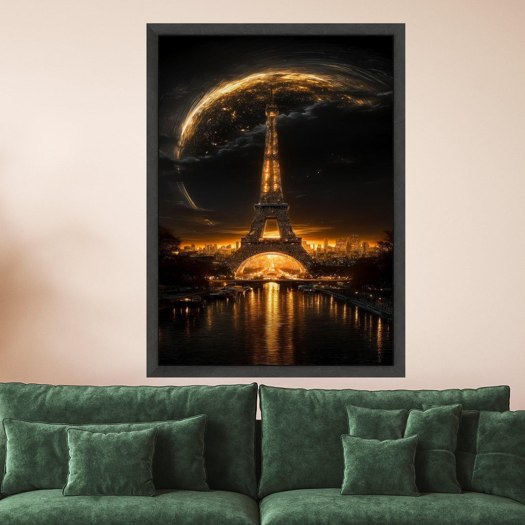 Illuminated Eiffel Tower at Night, Paris Cityscape Canvas, Golden Glow Wall Art, Romantic Landmark Decoration, Urban Night Ready To Hang,