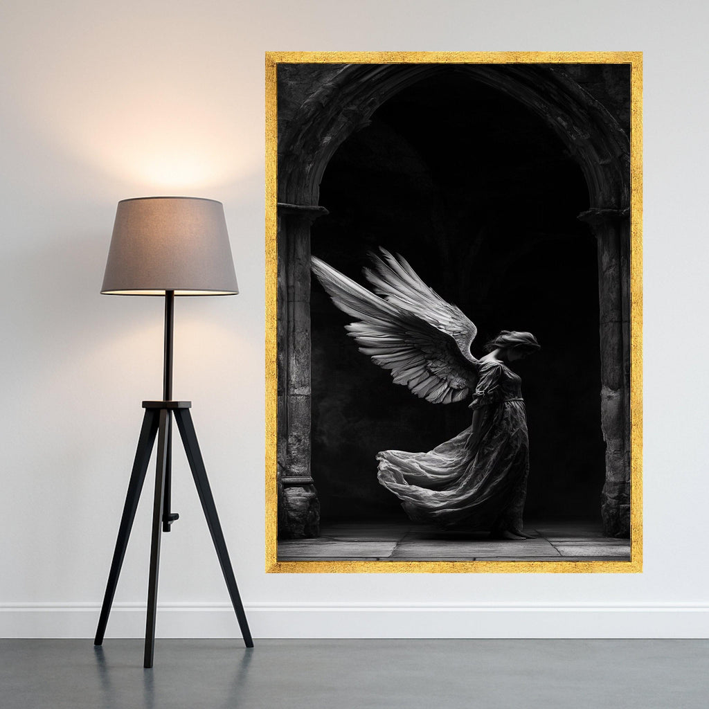 Elegant Angel Wings Canvas Wall Art, Gothic Archway Scene, Black and White Angelic Figure, Spiritual Home Decoration, Ready To Hang,